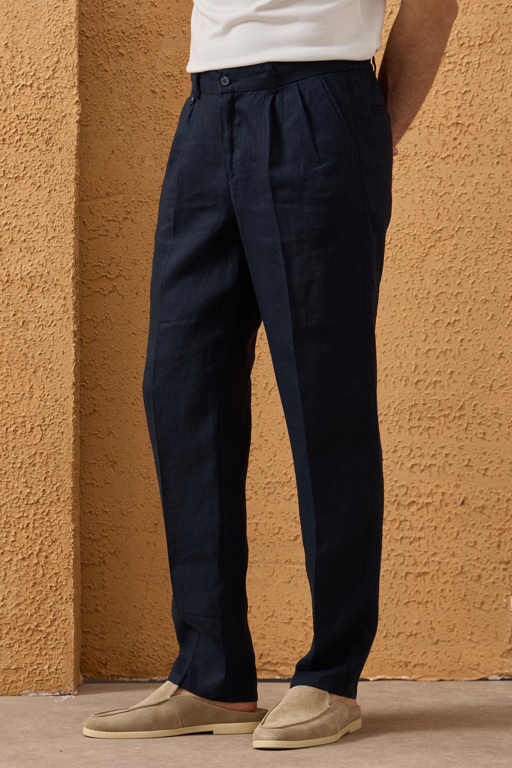 Costume deux pièces homme en lin bleu marine, style safari, fermeture éclair, idéal pour l'été
