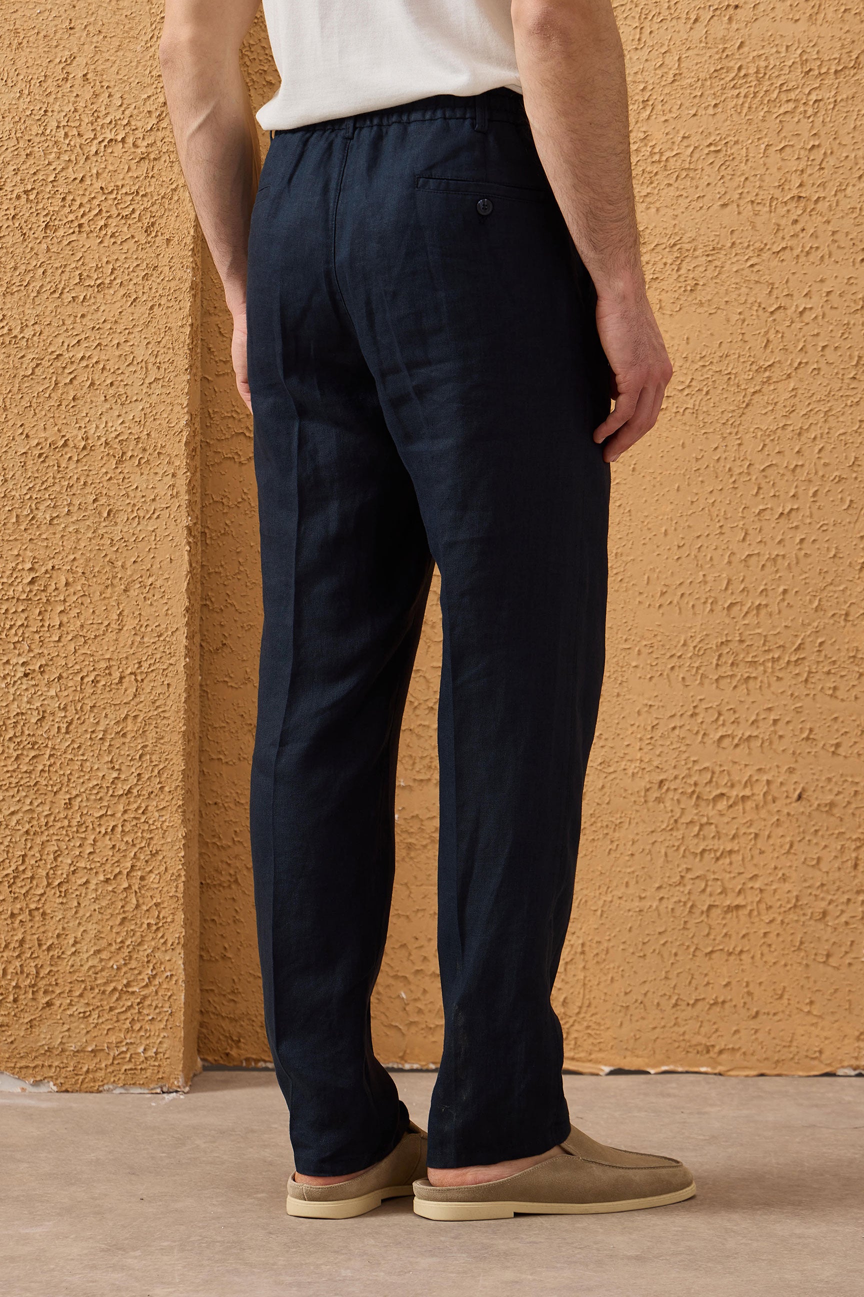 Costume deux pièces homme en lin bleu marine, style safari, fermeture éclair, idéal pour l'été