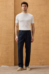 Costume deux pièces homme en lin bleu marine, style safari, fermeture éclair, idéal pour l'été
