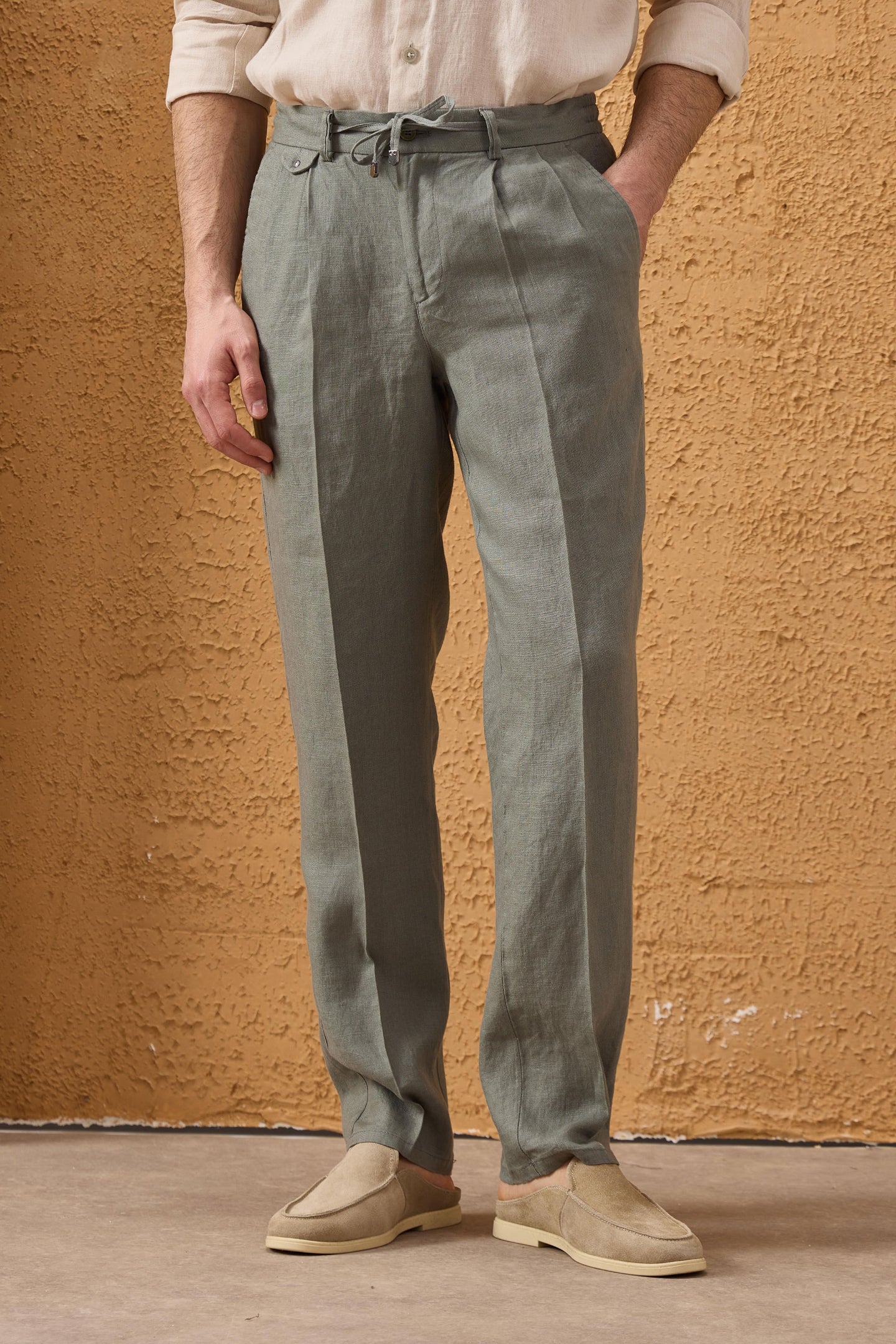 Pantalon homme vert sauge 100 % lin, plissé, à cordon de serrage, coupe droite décontractée