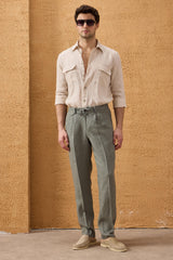 Pantalon homme vert sauge 100 % lin, plissé, à cordon de serrage, coupe droite décontractée