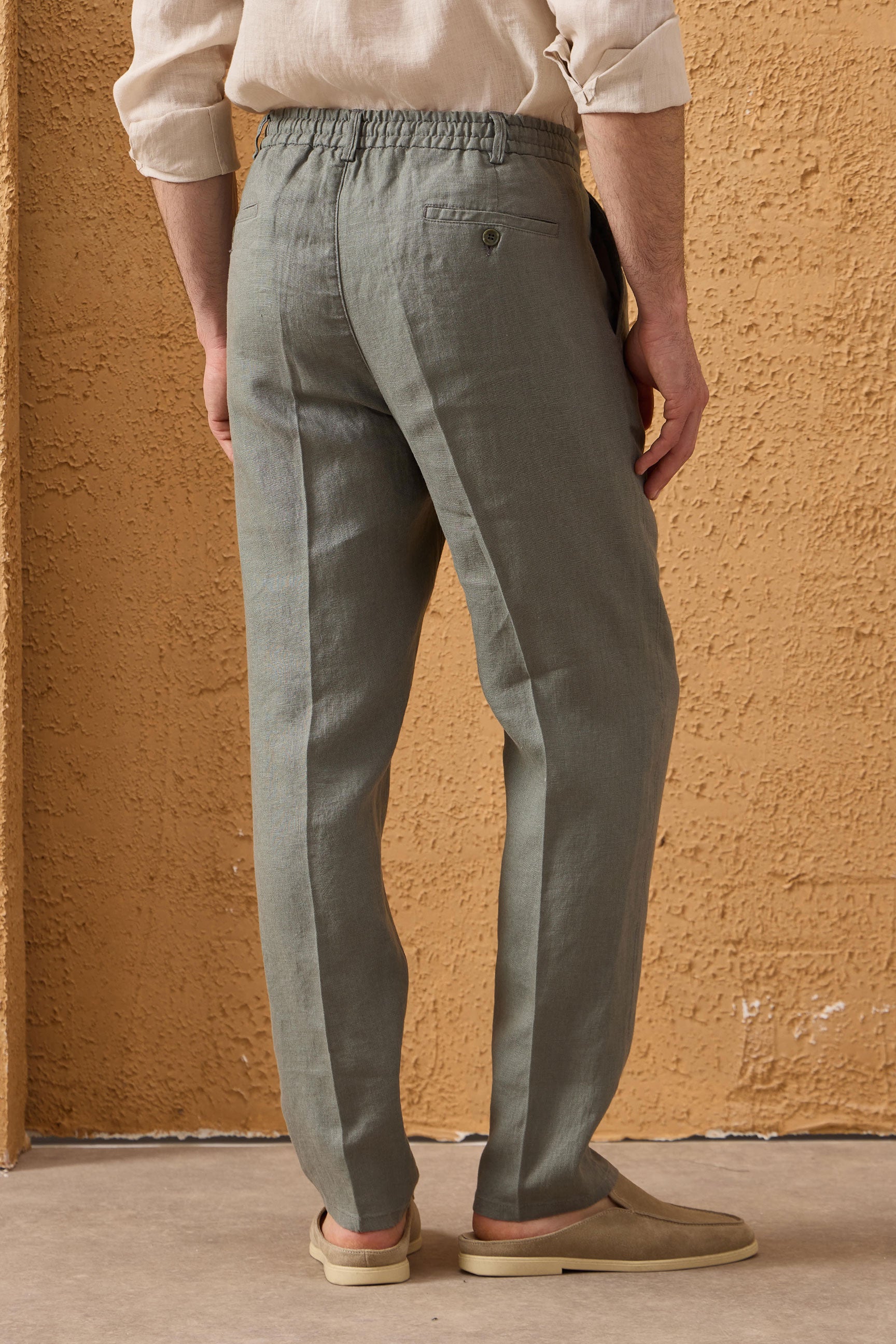 Pantalon homme vert sauge 100 % lin, plissé, à cordon de serrage, coupe droite décontractée