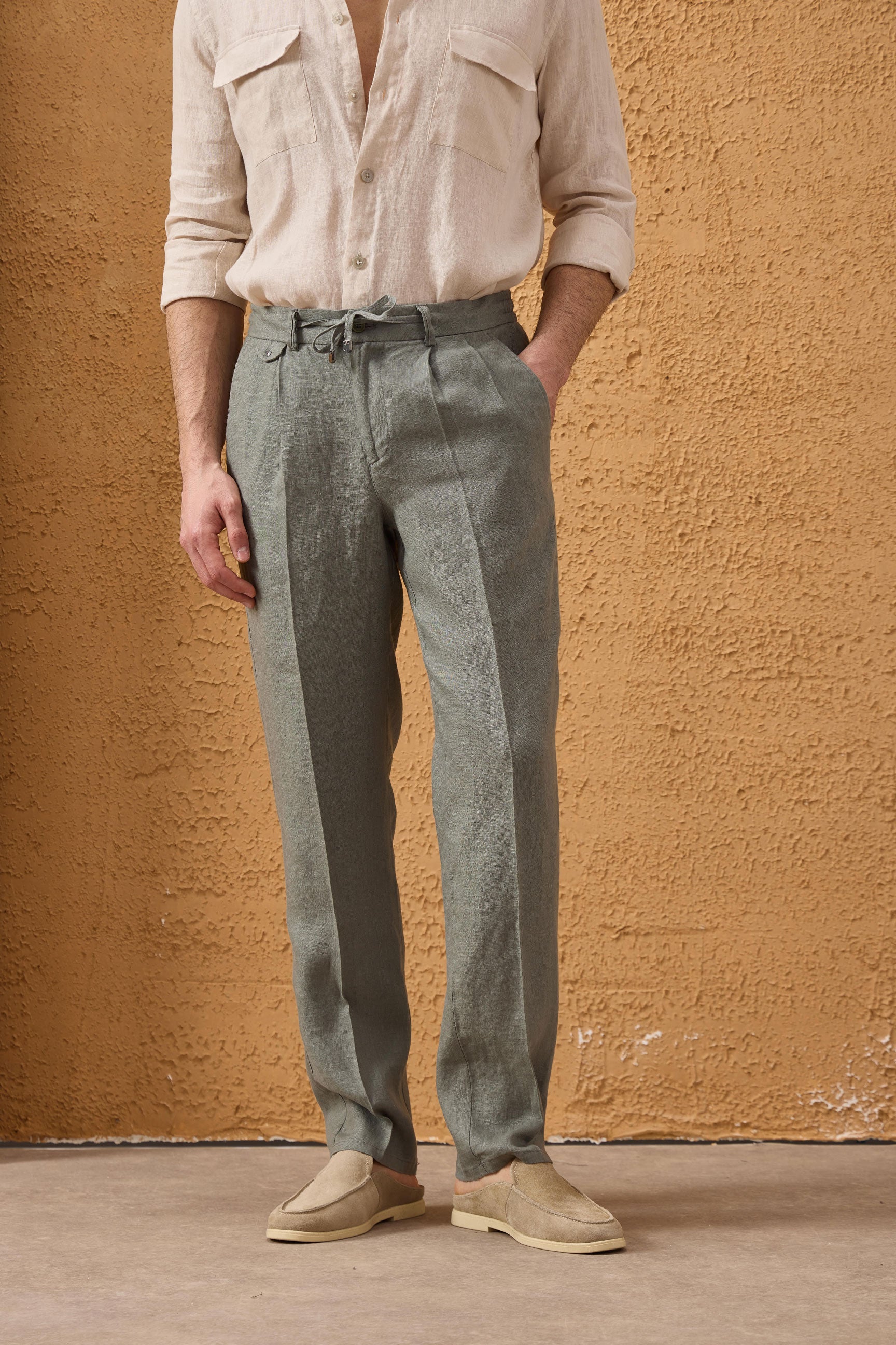 Pantalon homme vert sauge 100 % lin, plissé, à cordon de serrage, coupe droite décontractée