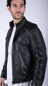 Mens Retro Real Leather Black Brown Washed Racer Jacket Biker Zipped Slim