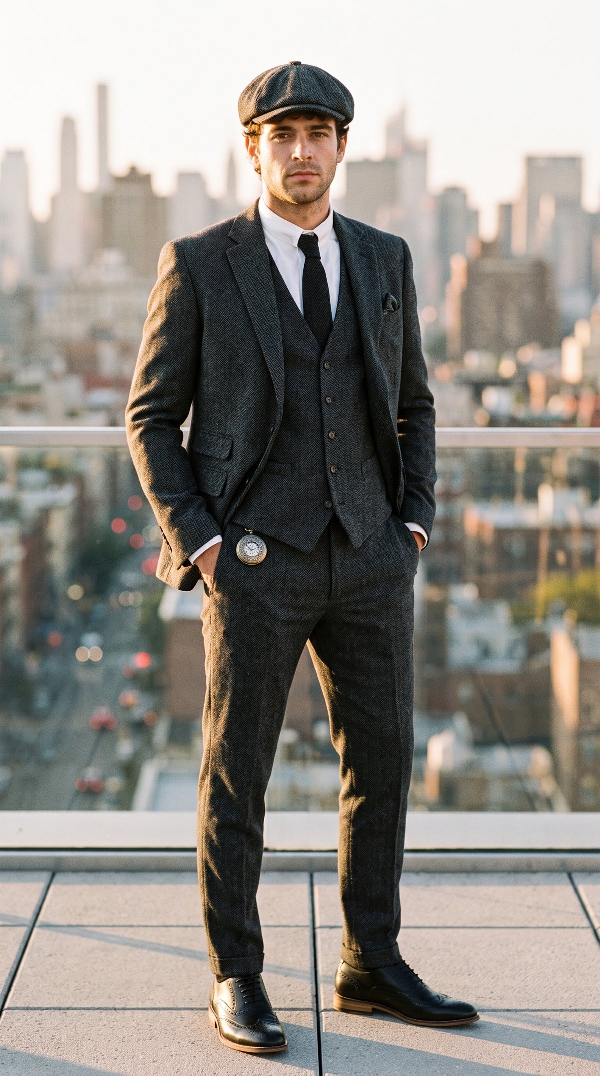 Look #830 styled with Costume trois pièces en tweed à chevrons gris anthracite pour homme - STZ11