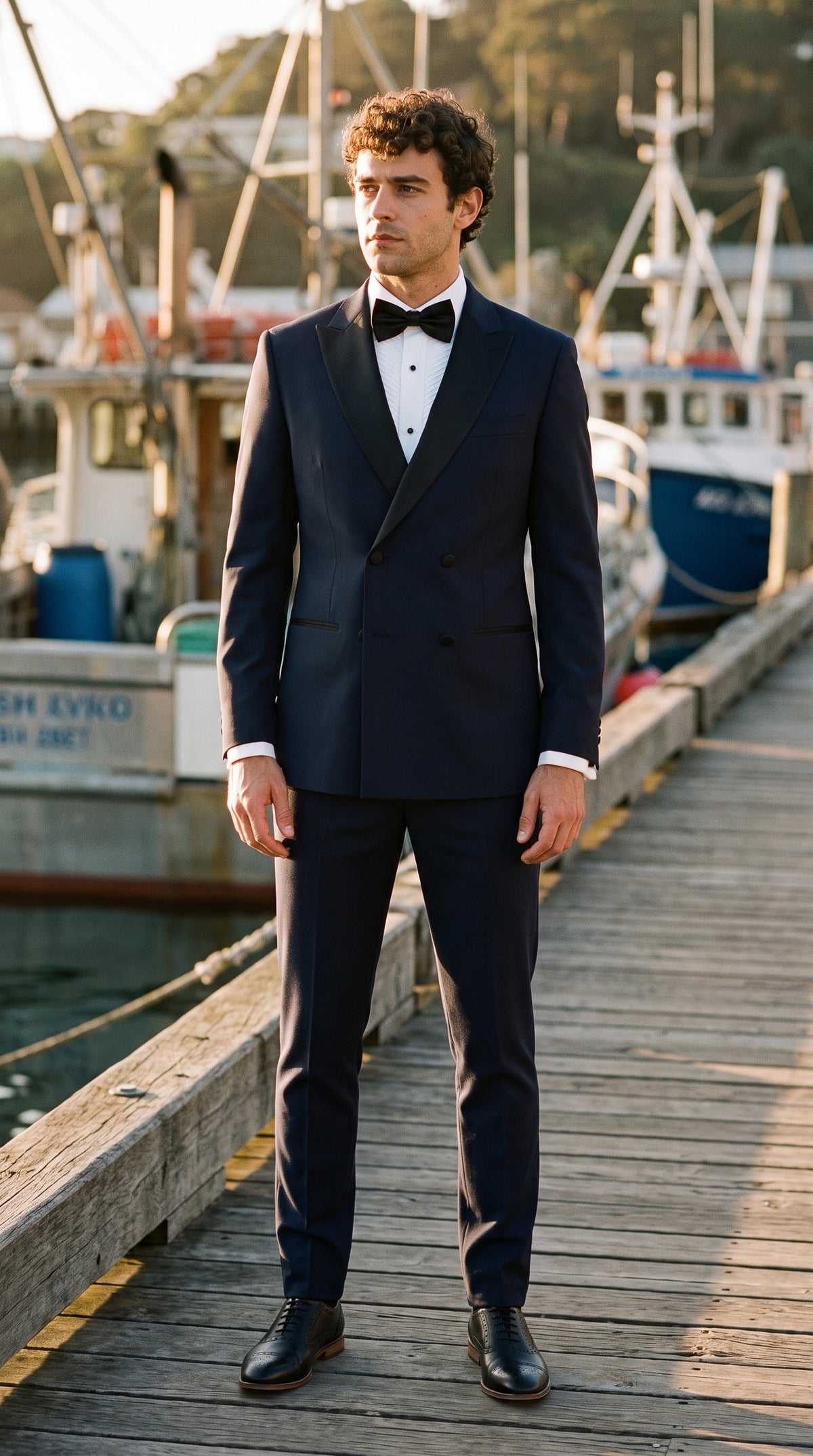 Look #802 styled with Aspen - Costume de smoking croisé deux pièces bleu marine pour homme