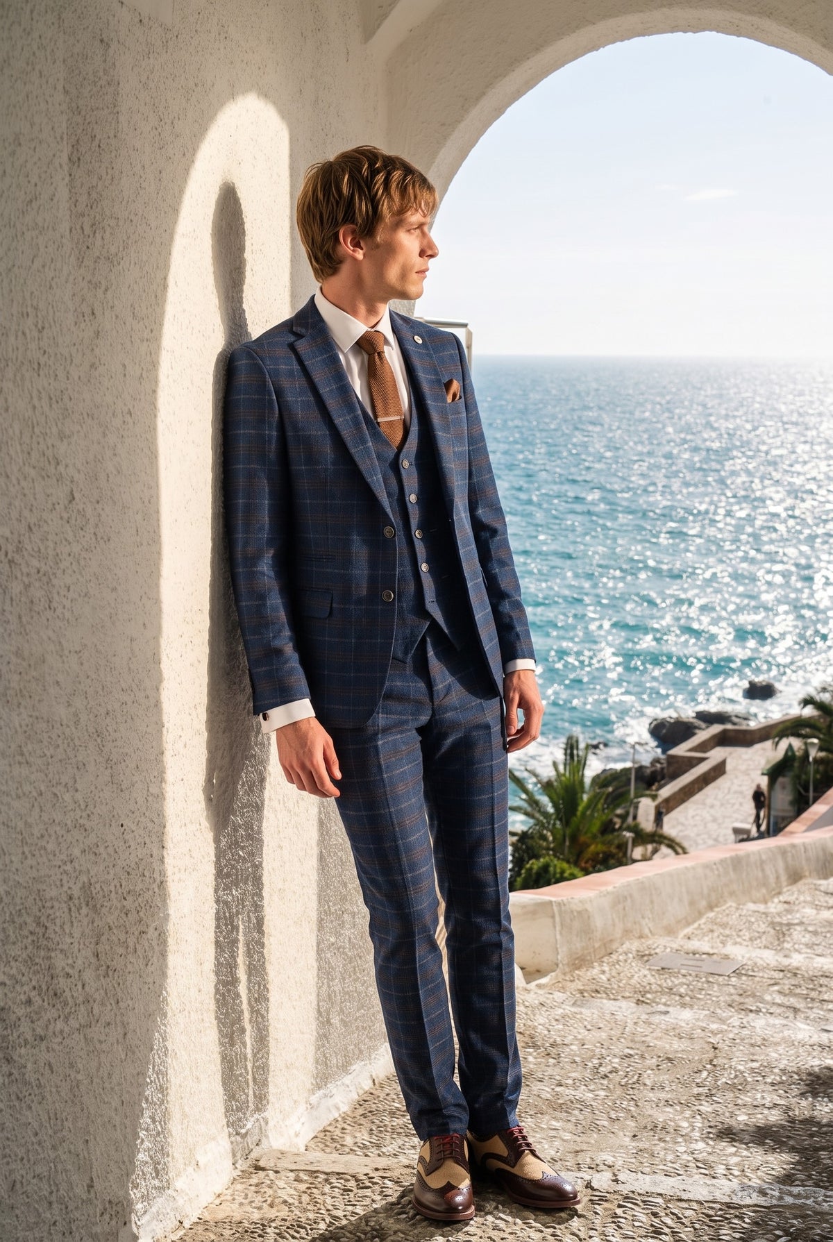 Look #936 styled with Costume trois pièces à carreaux bleu marine pour homme - Paul Andrew Kenneth