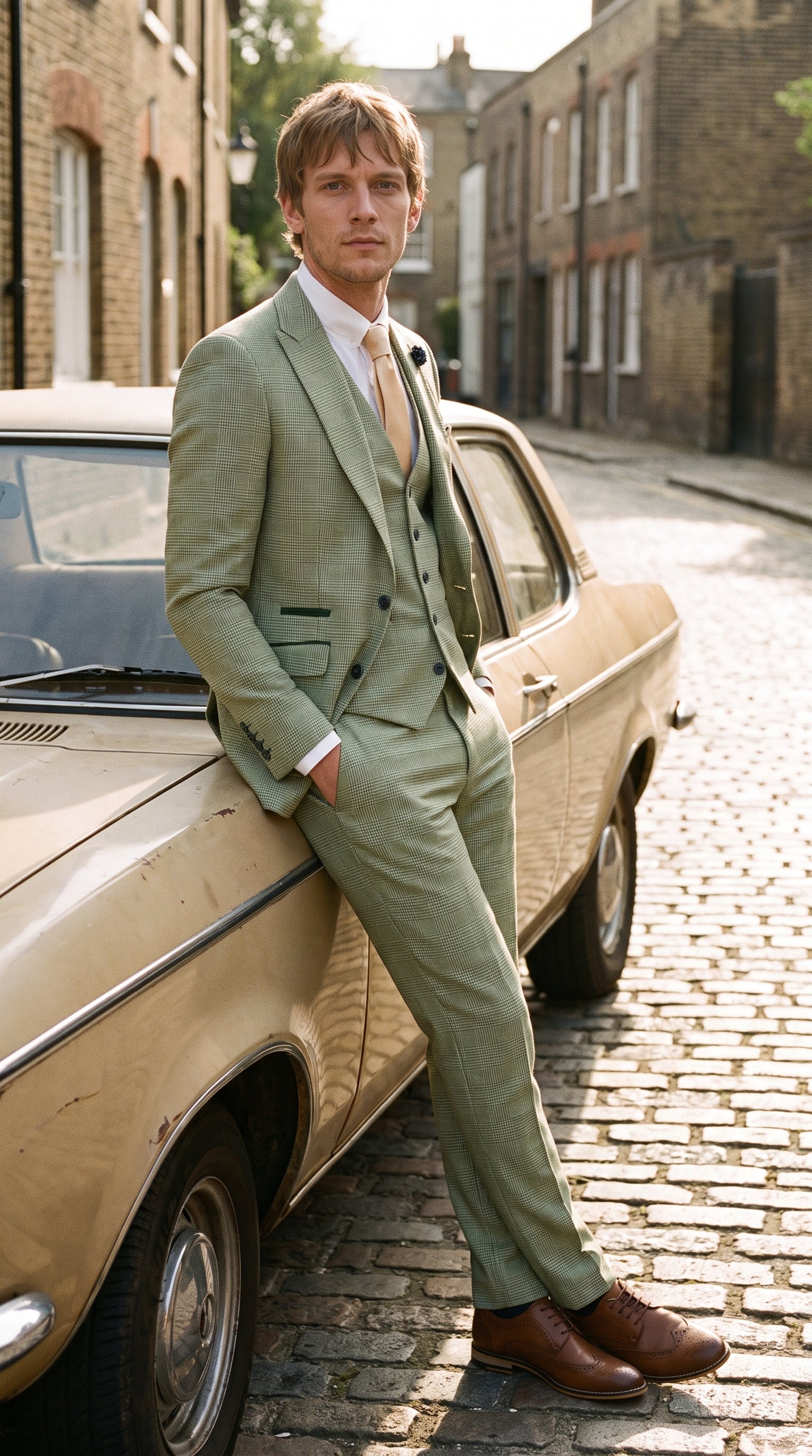 Look #257 styled with Caridi - Costume trois pièces à carreaux vert sauge pour homme