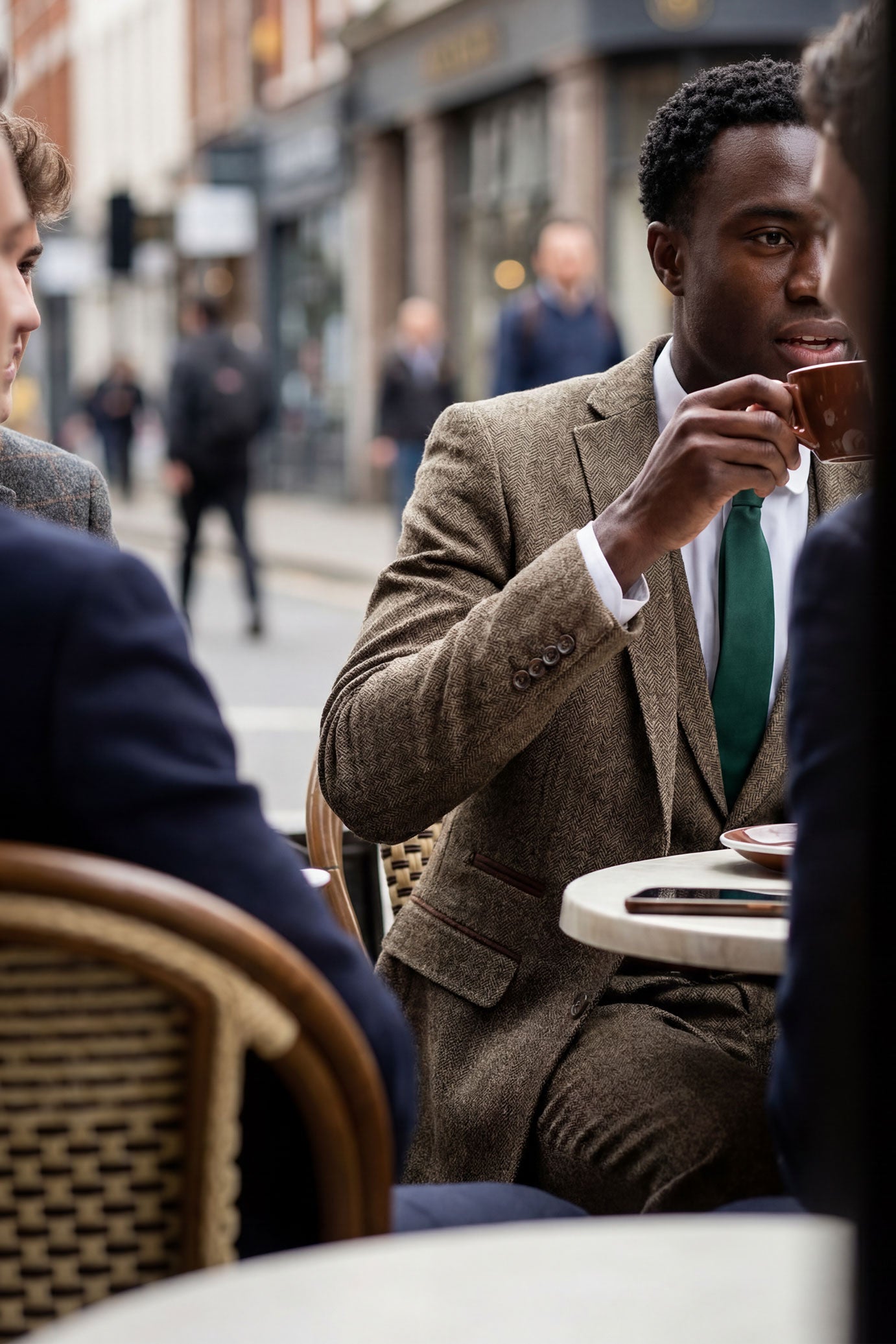 Costume trois pièces en tweed à chevrons marron chêne