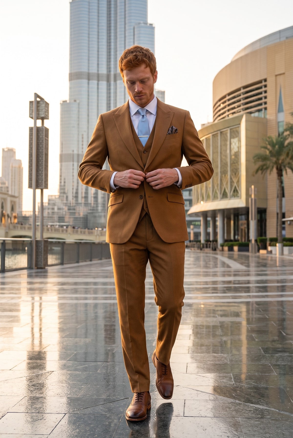 Look #952 styled with James - Costume trois pièces en laine marron camel pour homme, coupe ajustée