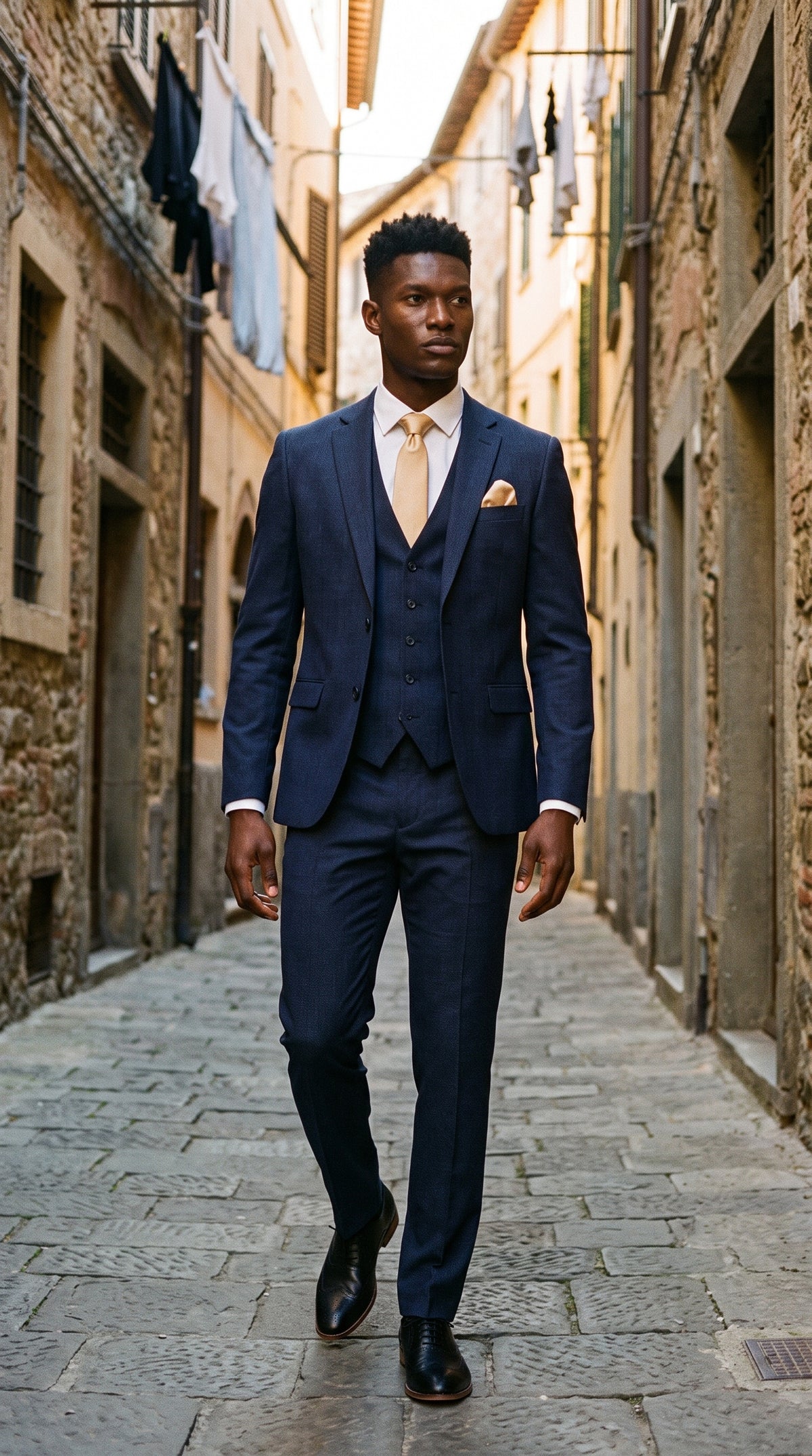 Look #821 styled with Malibu - Costume trois pièces bleu marine pour homme, coupe ajustée