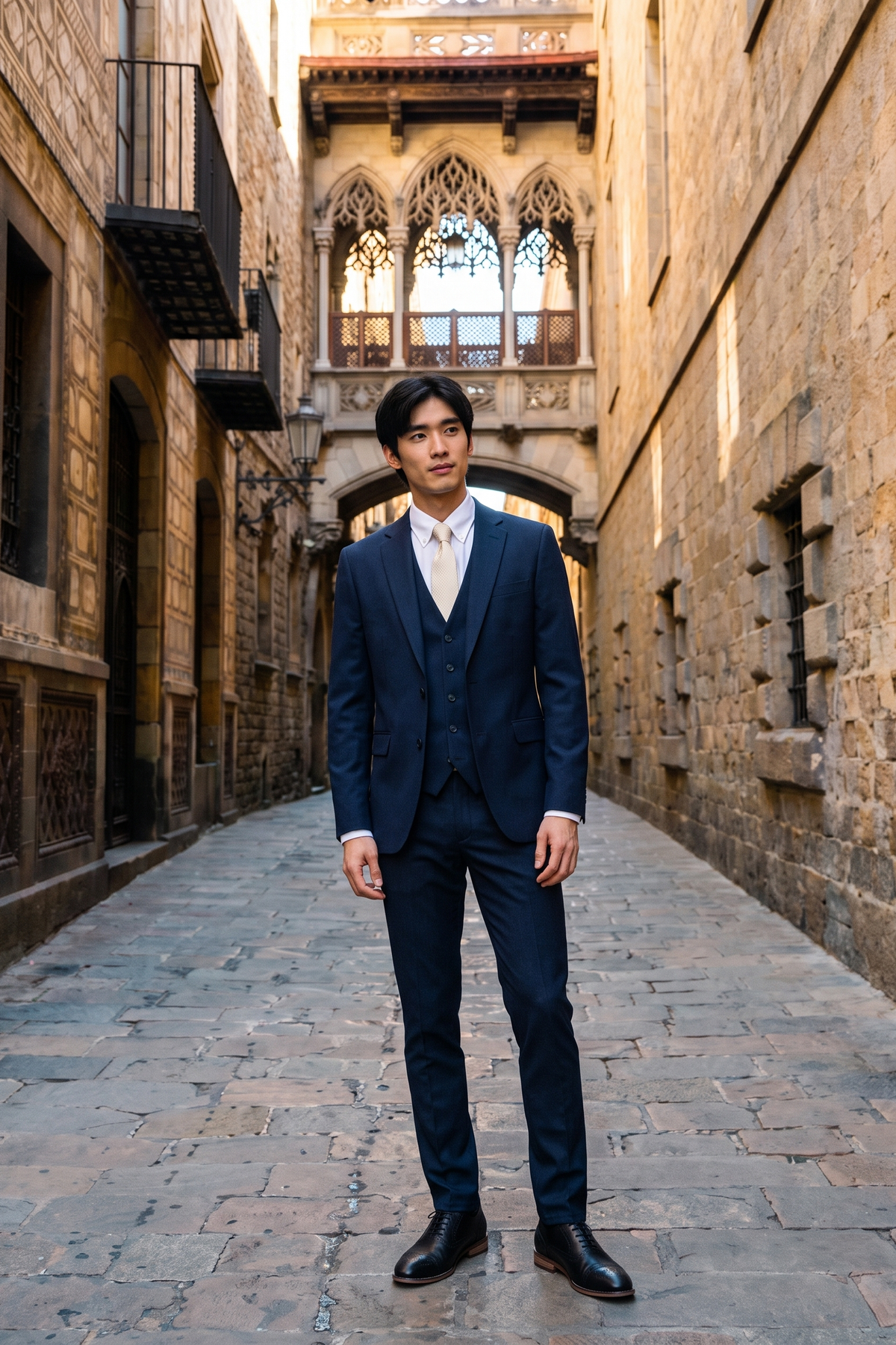 Look #820 styled with Malibu - Costume trois pièces bleu marine pour homme, coupe ajustée