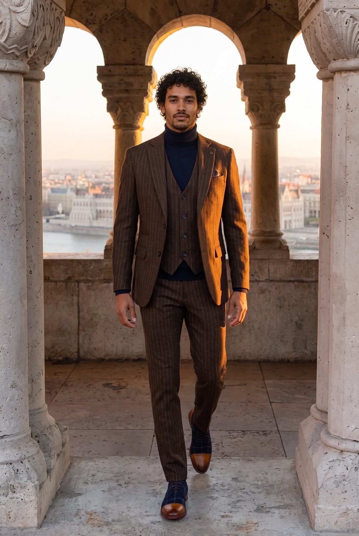 Look #959 styled with Costume trois pièces pour homme, marron à fines rayures, coupe ajustée