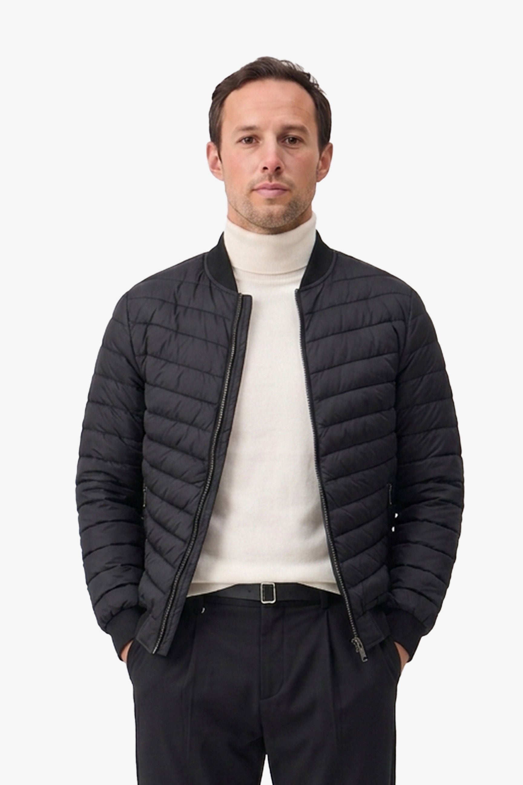 Veste bomber matelassée noire pour homme, légère et rembourrée avec fermeture éclair