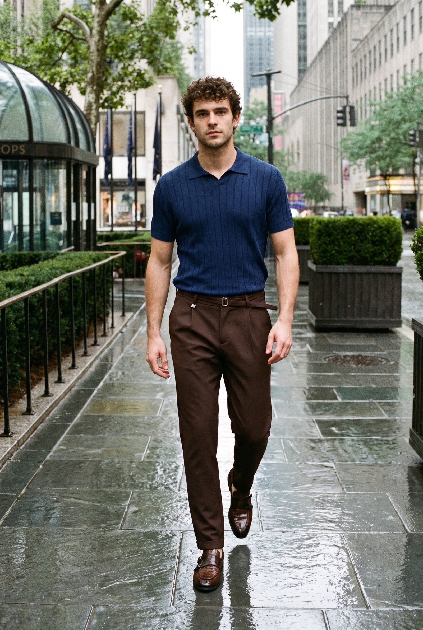 Look #907 styled with Polo homme bleu marine en maille côtelée