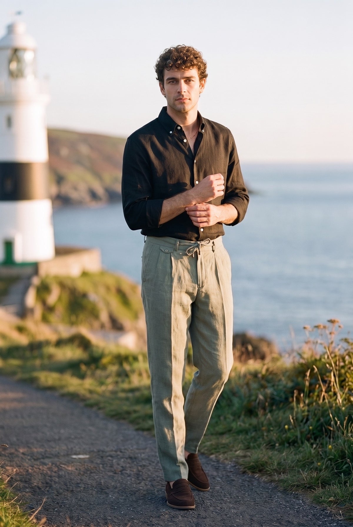 Look #869 styled with Chemise d'été à manches longues en pur lin noir pour homme