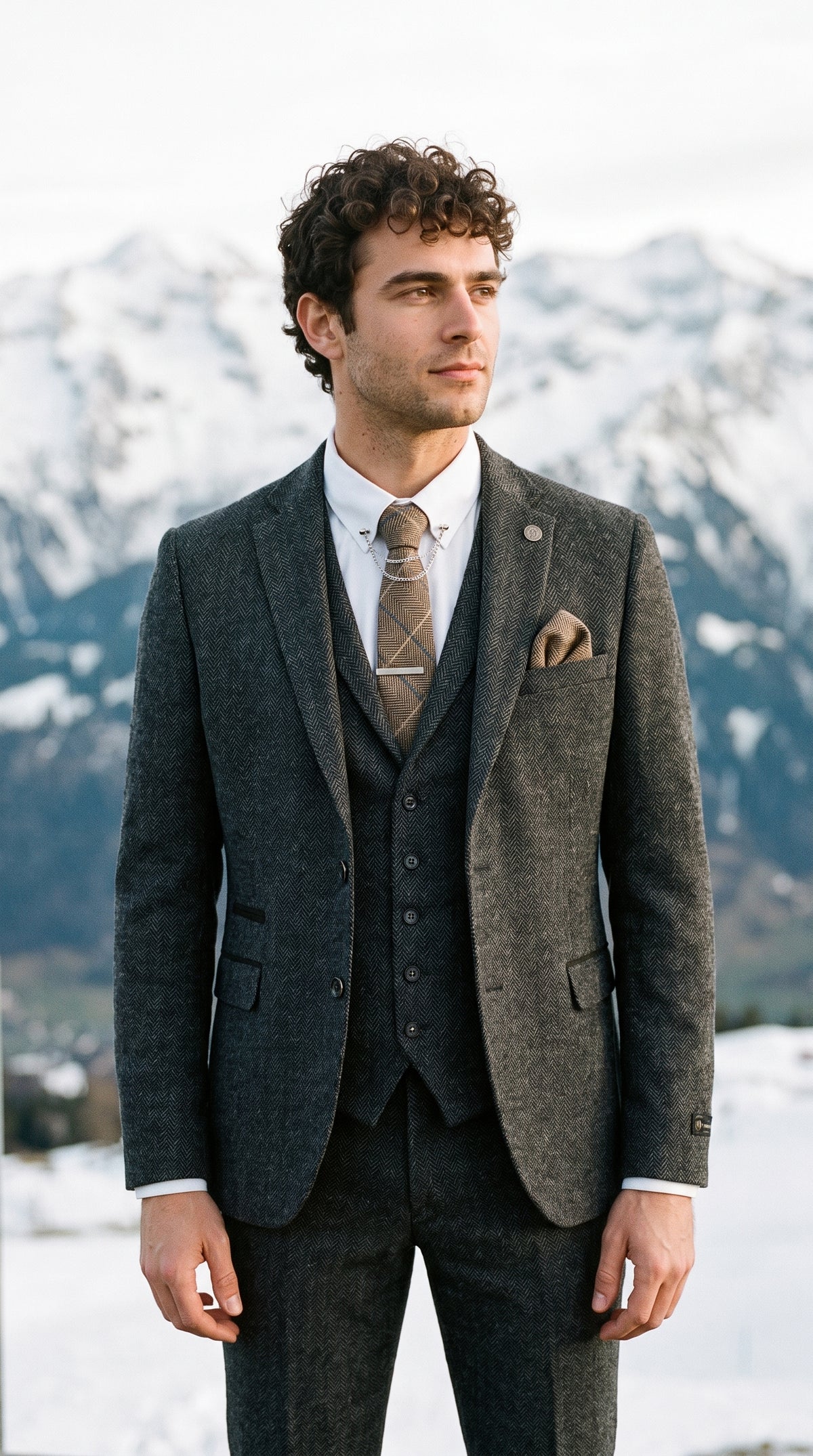 Look #637 styled with Costume trois pièces en tweed à chevrons gris anthracite pour homme - STZ11