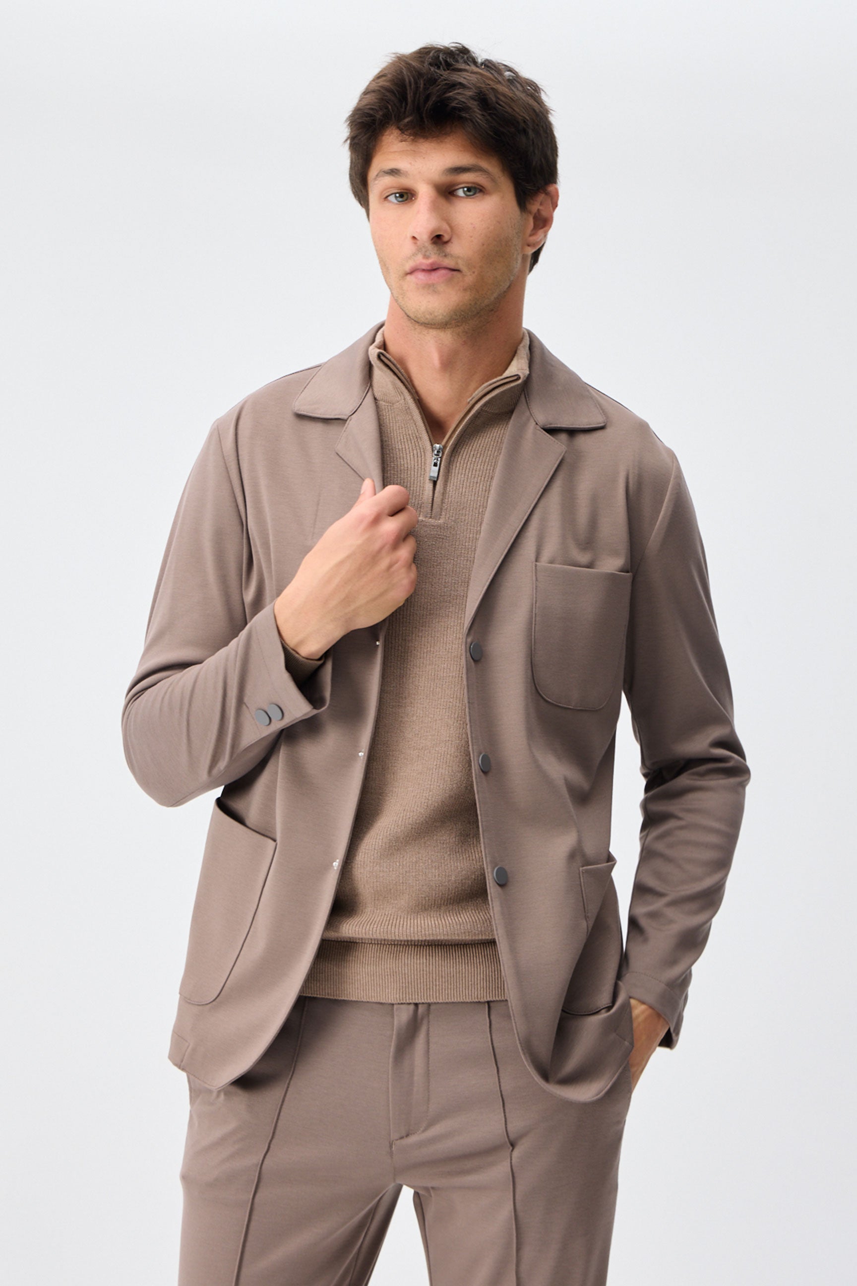 Blazer homme en jersey doux marron taupe, veste élégante décontractée