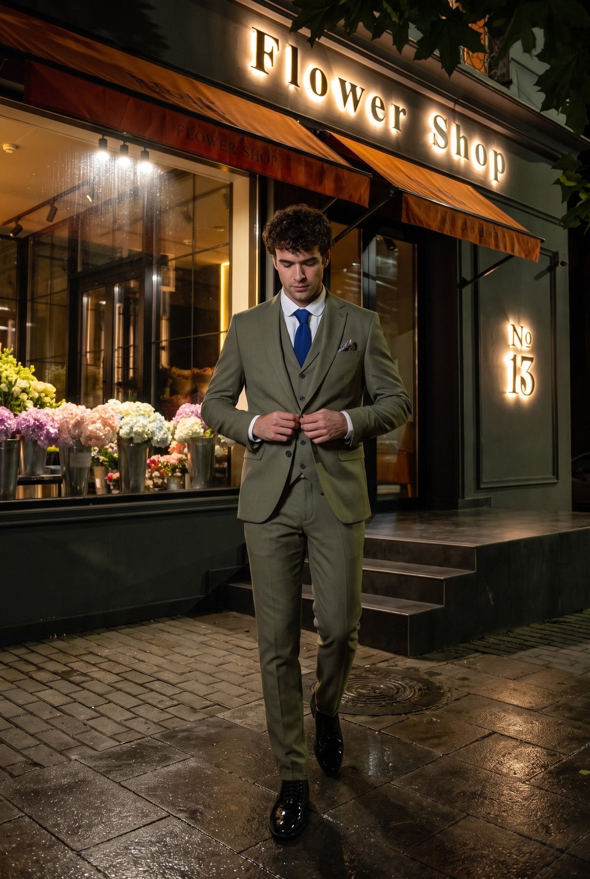 Look #158 styled with Costume de mariage d'été 3 pièces en lin sauge pour homme TP-22