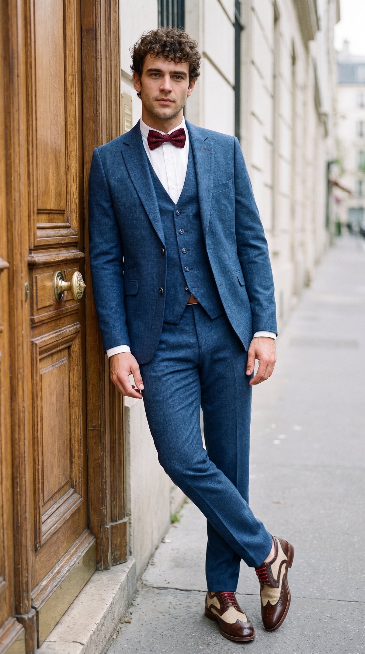 Look #839 styled with Costume d'été bleu en lin pour homme