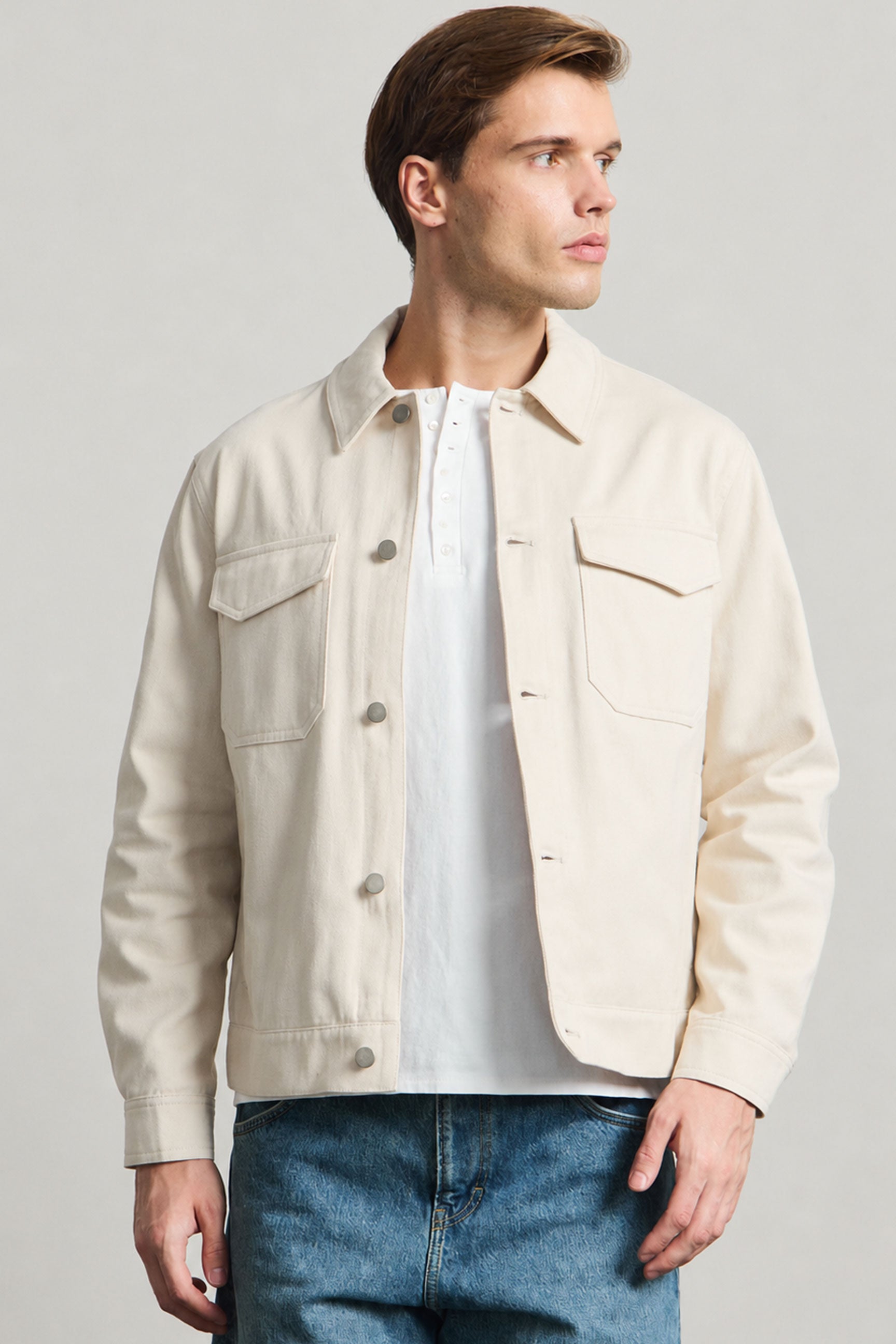Veste en sergé de coton beige pour homme - Surchemise camionneur
