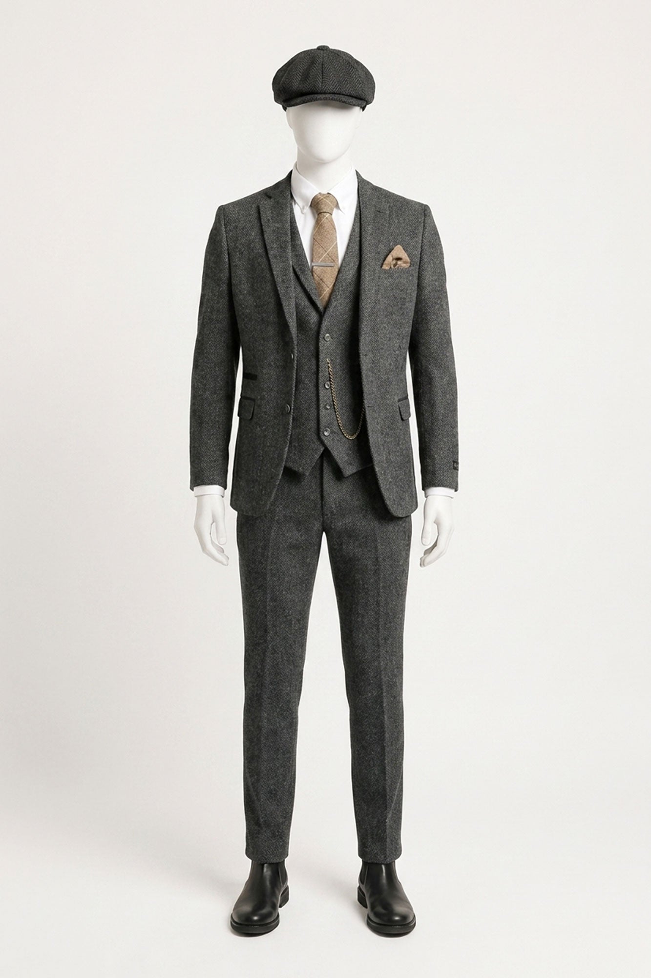 Costume trois pièces en tweed à chevrons gris anthracite pour homme - STZ11