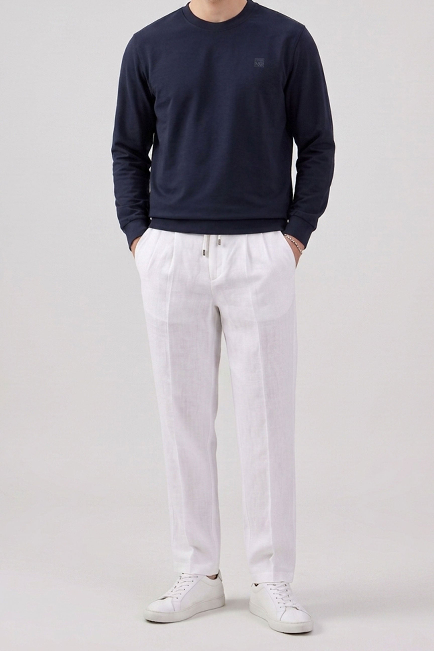 Sweat-shirt homme bleu marine en mélange de coton, col rond, manches longues, extensible