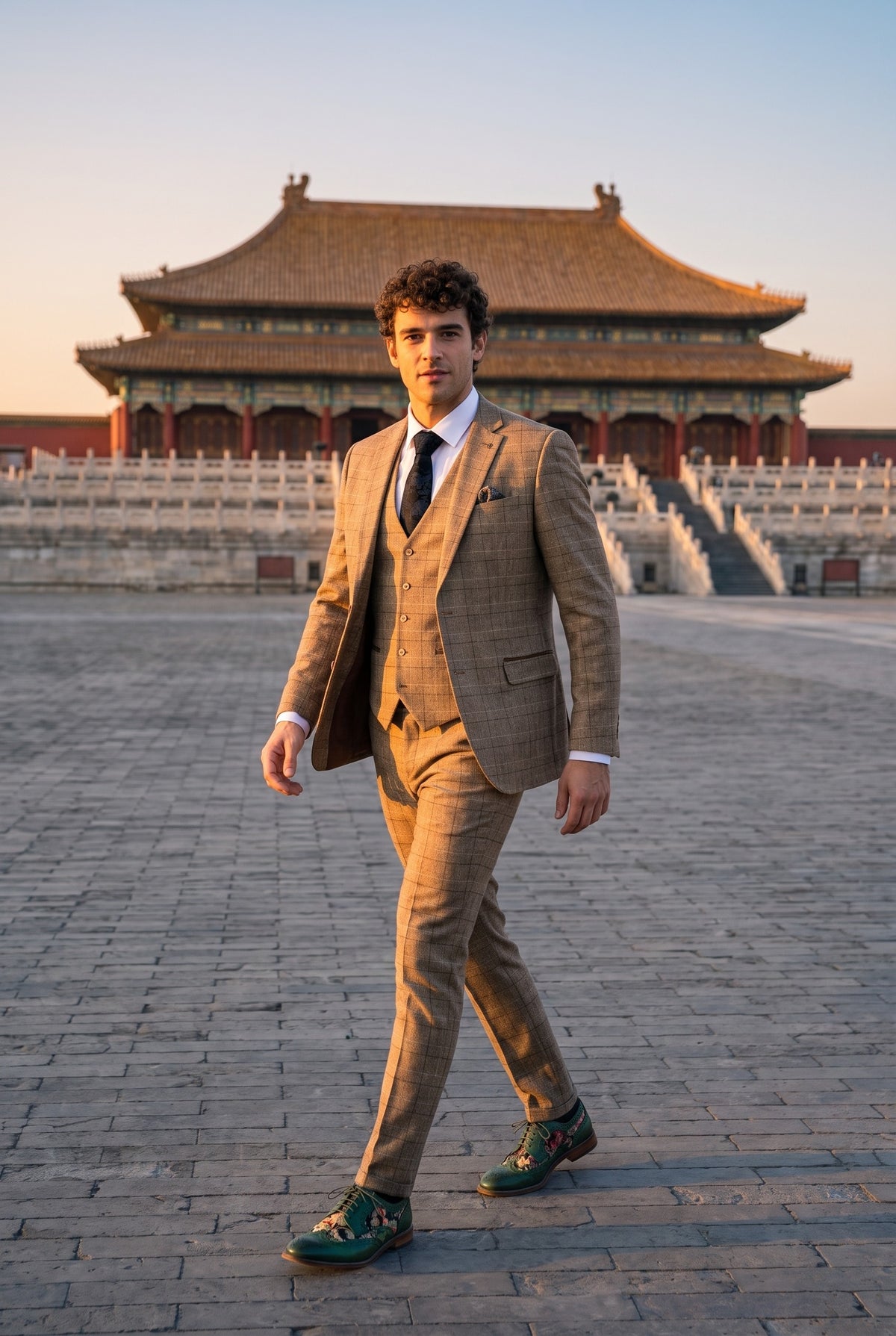 Look #278 styled with Liam - Costume trois pièces à carreaux marron pour homme