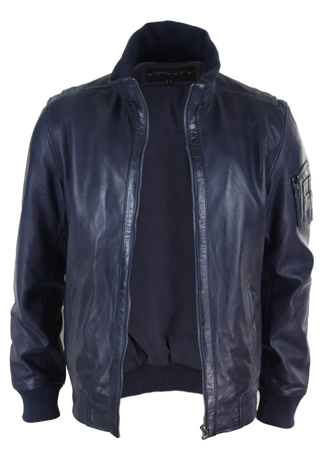 Real Leather Autumn Jacket with High Neck for Mens - Navy Color