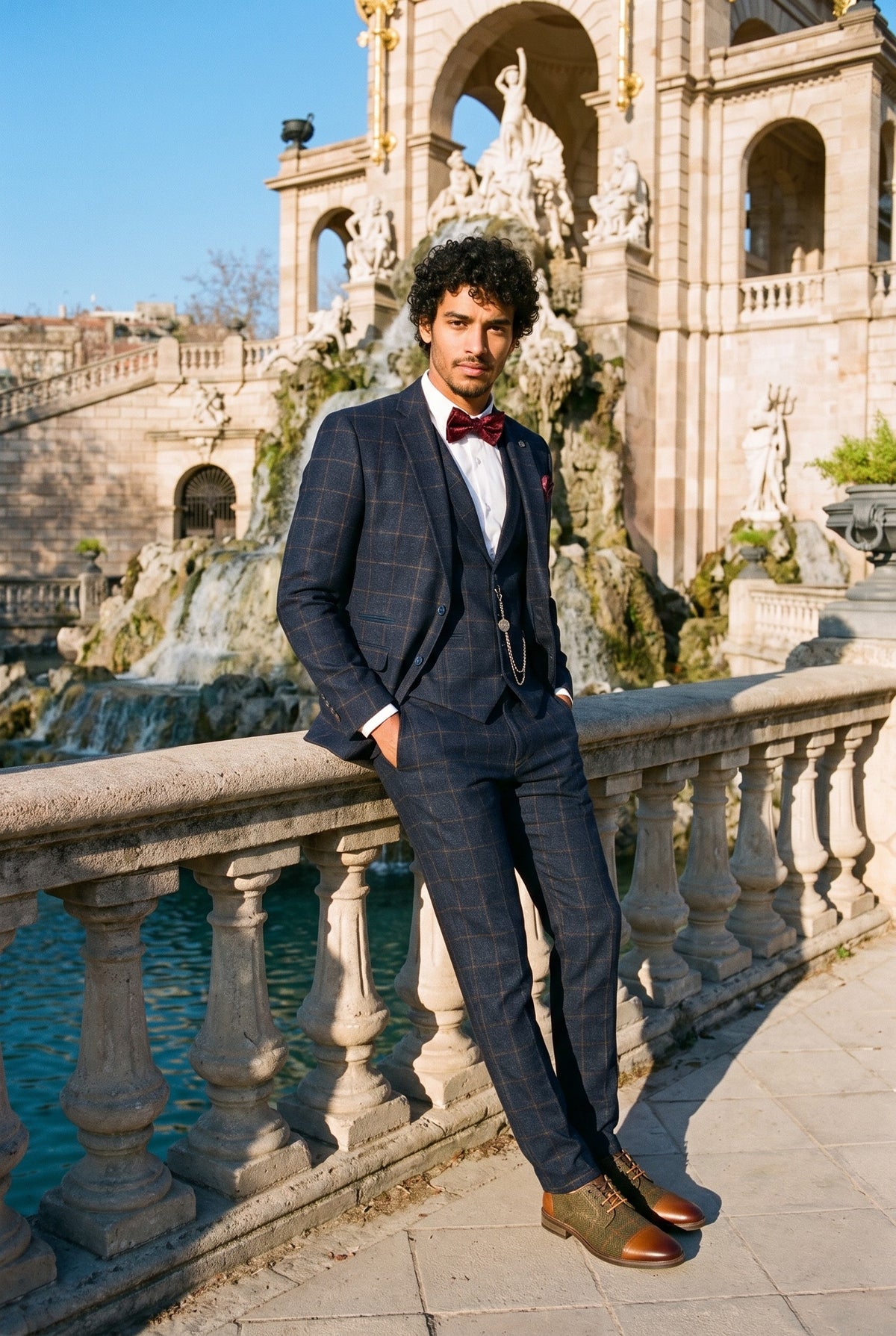 Look #728 styled with Costume trois pièces pour homme en tweed de laine à carreaux bleu marine et marron, style Gatsby des années 1920