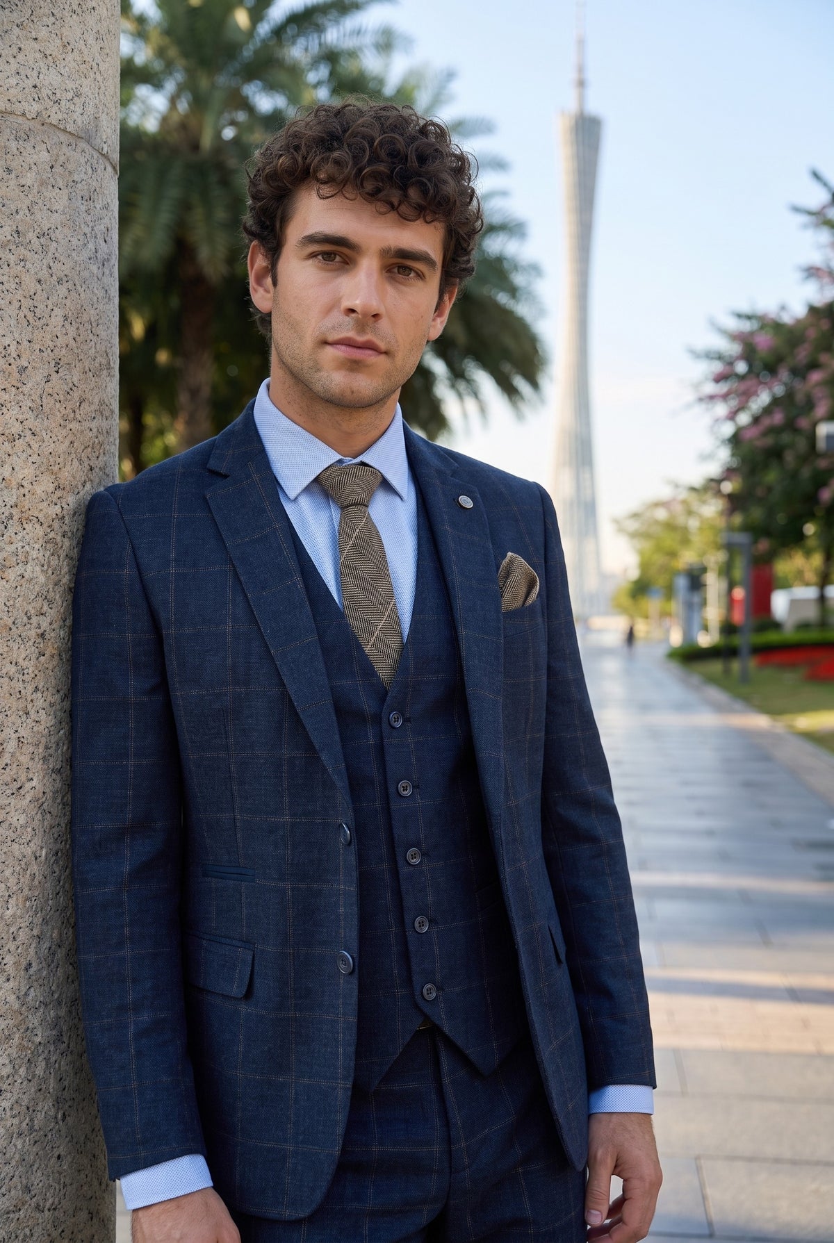Look #729 styled with Costume trois pièces pour homme en tweed de laine à carreaux bleu marine et marron, style Gatsby des années 1920