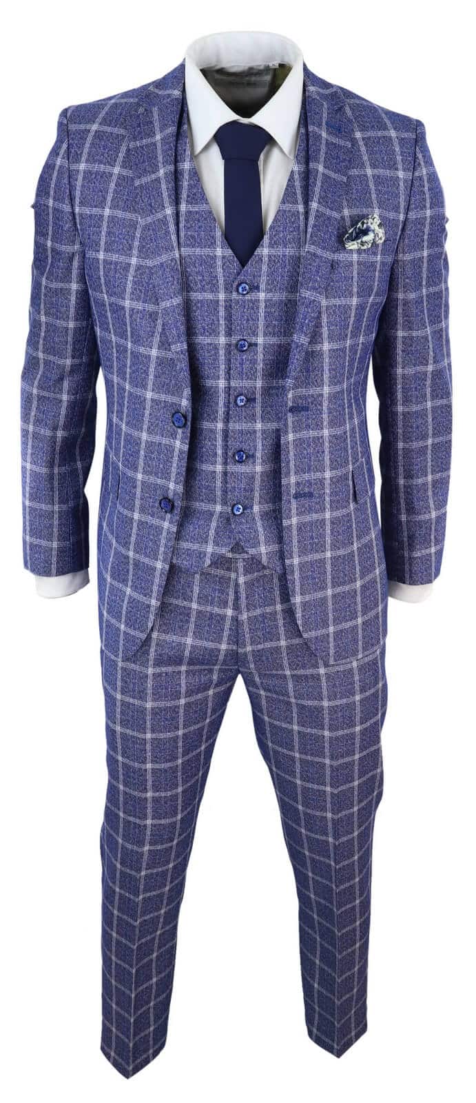 Mens 3 Piece Slim Fit Suit Herringbone Tweed Check Vintage Classic 1920s Blue