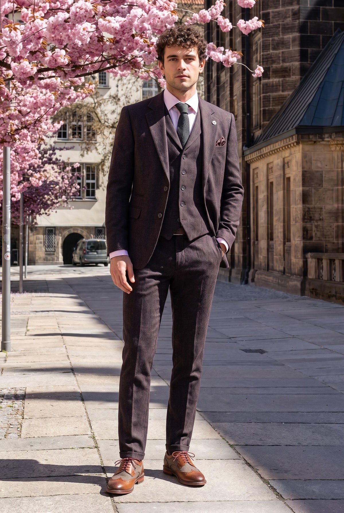 Look #992 styled with Costume trois pièces pour homme en tweed à chevrons prune