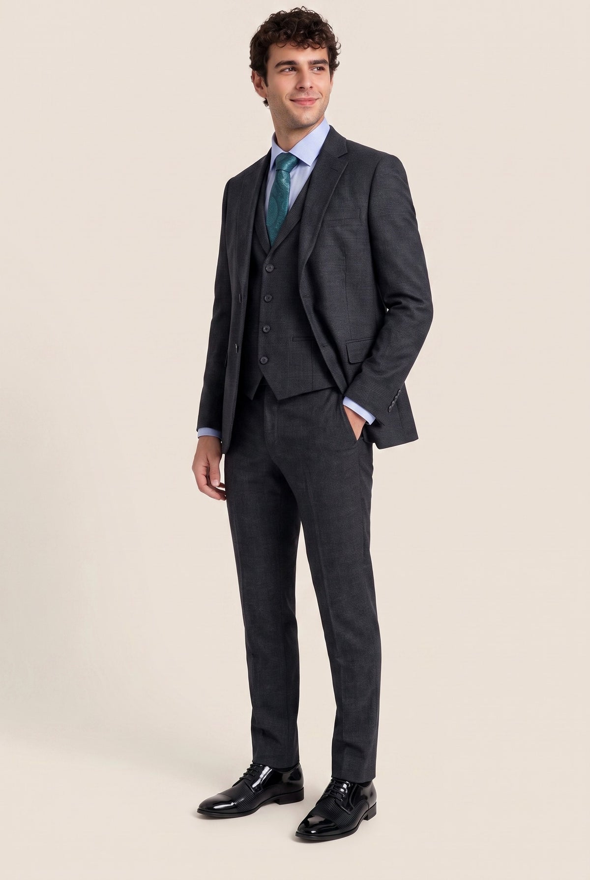 Look #964 styled with Costume trois pièces pour homme à carreaux Prince de Galles noirs
