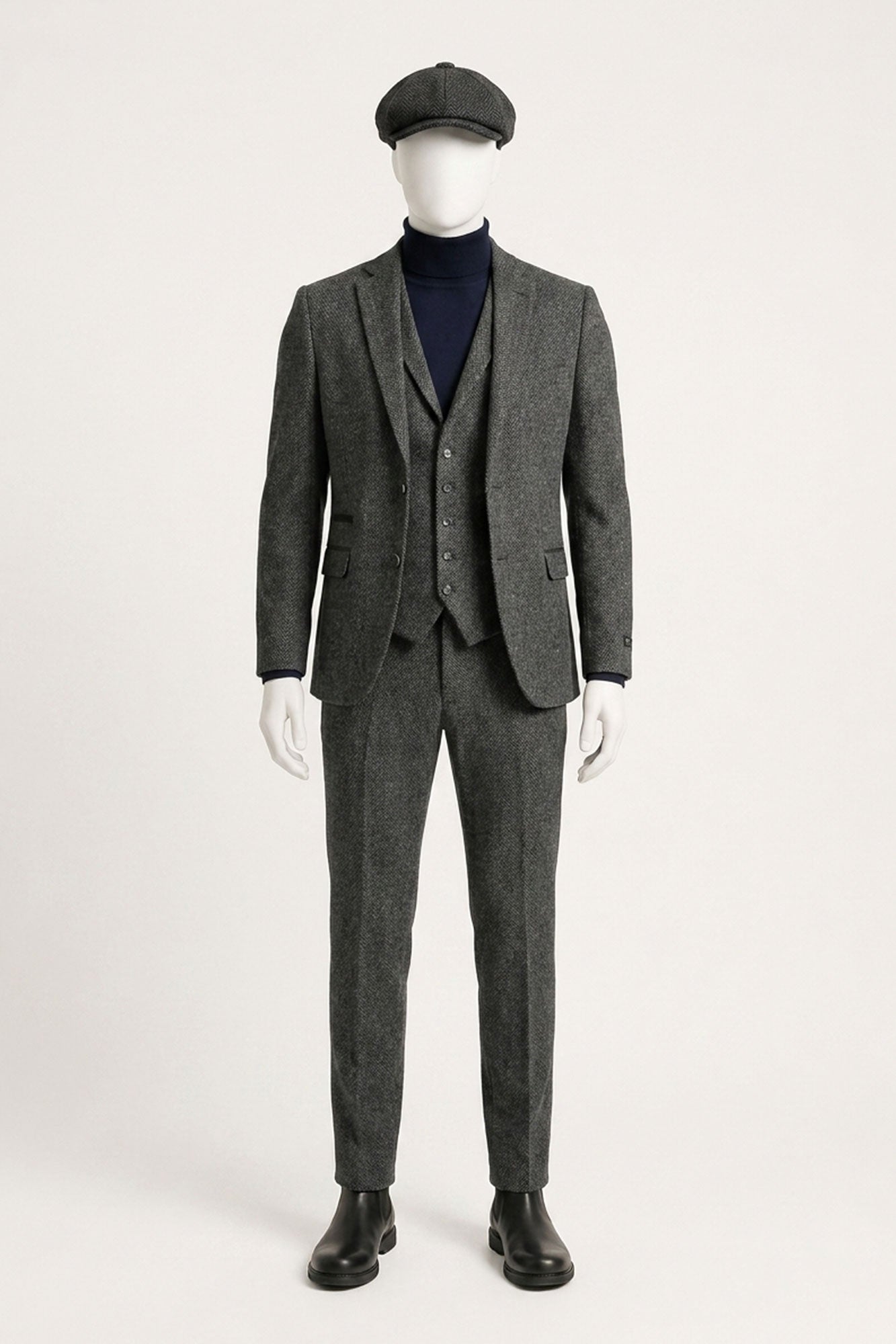 Costume trois pièces en tweed à chevrons gris anthracite pour homme - STZ11