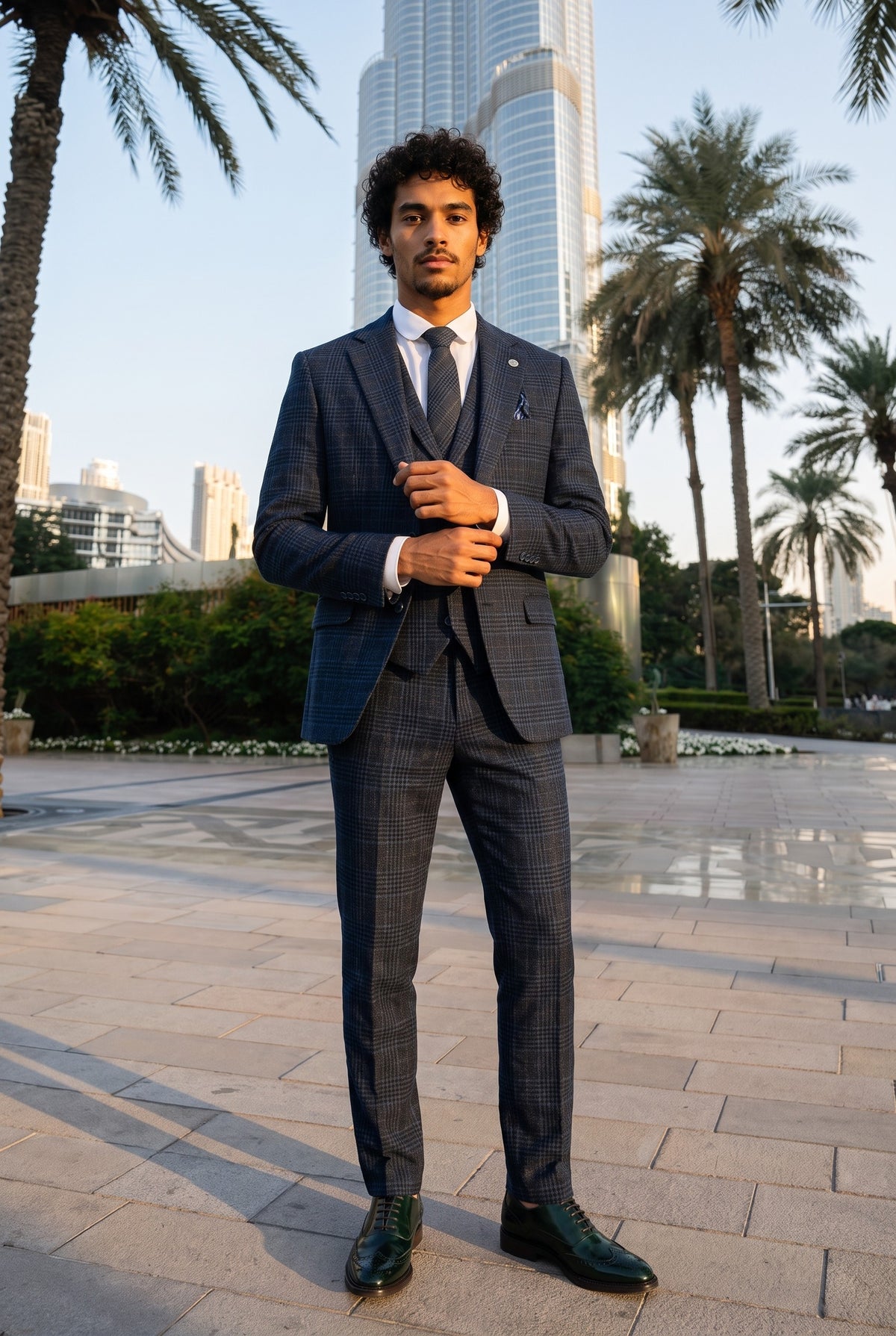Look #266 styled with Costume trois pièces pour homme à carreaux tartan bleus