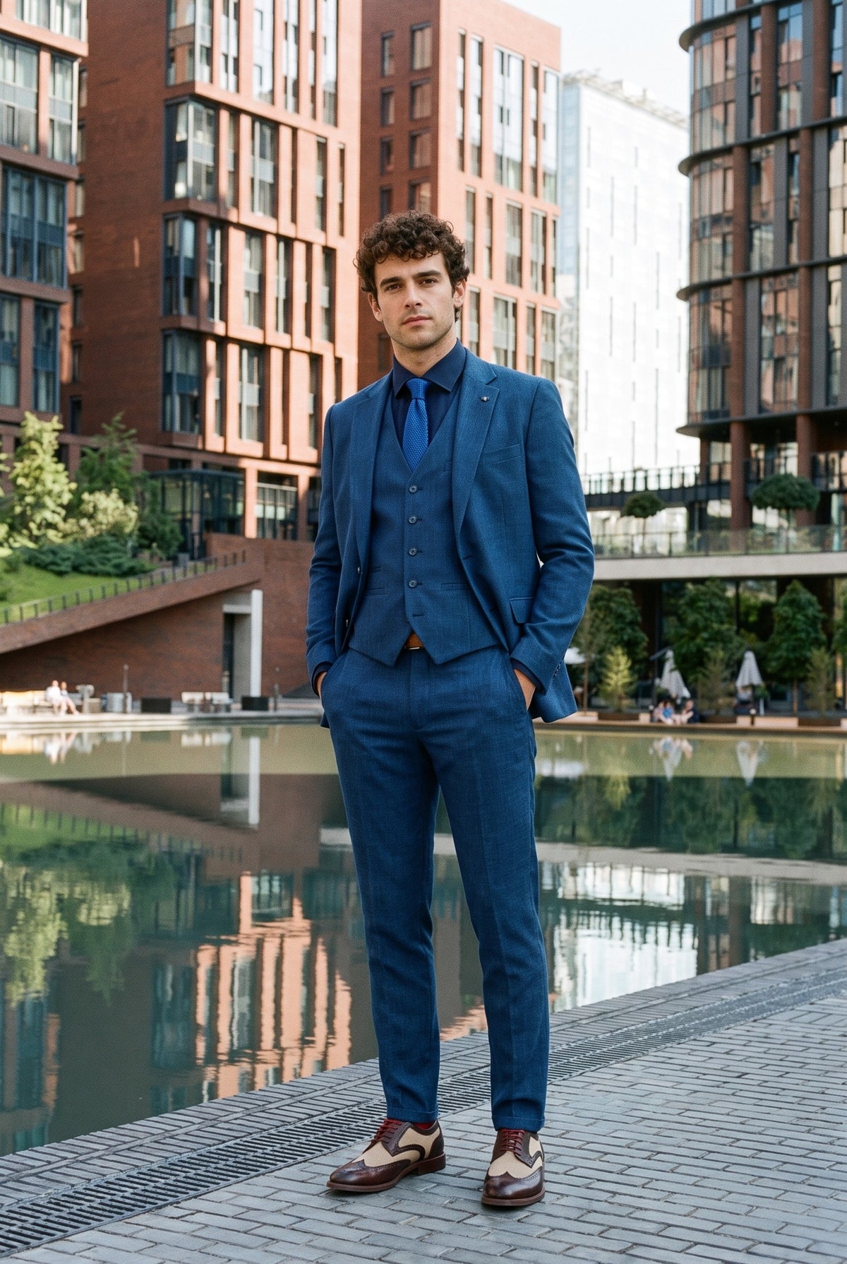 Look #998 styled with Costume d'été bleu en lin pour homme