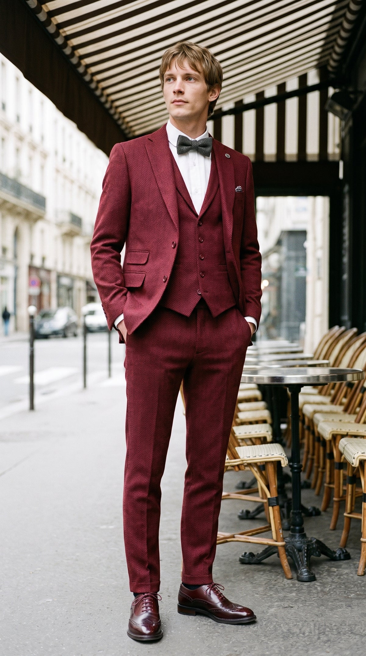 Look #144 styled with Costume trois pièces en tweed bordeaux à chevrons pour homme - STZ11