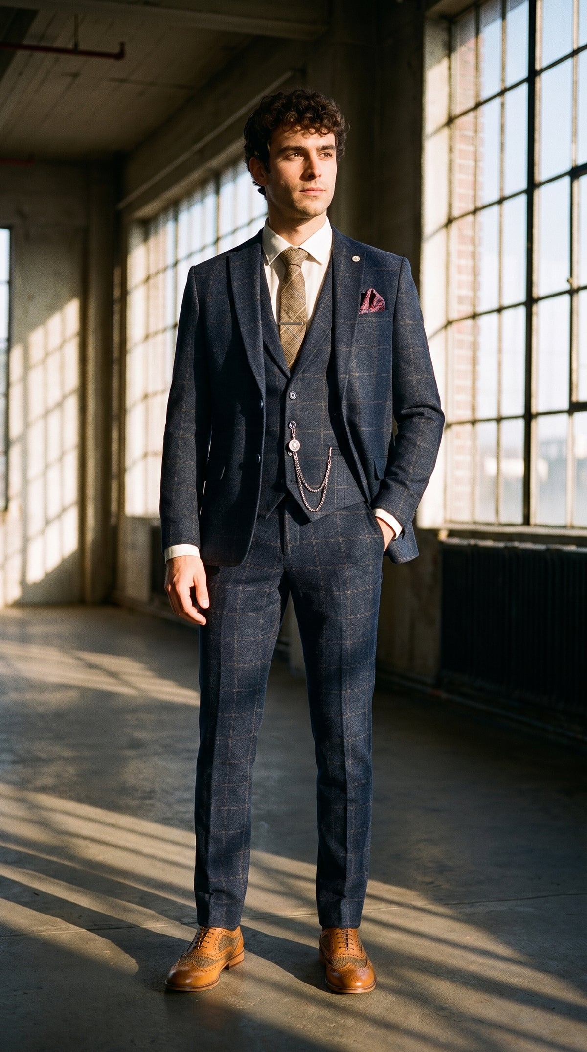 Look #725 styled with Costume trois pièces pour homme en tweed de laine à carreaux bleu marine et marron, style Gatsby des années 1920