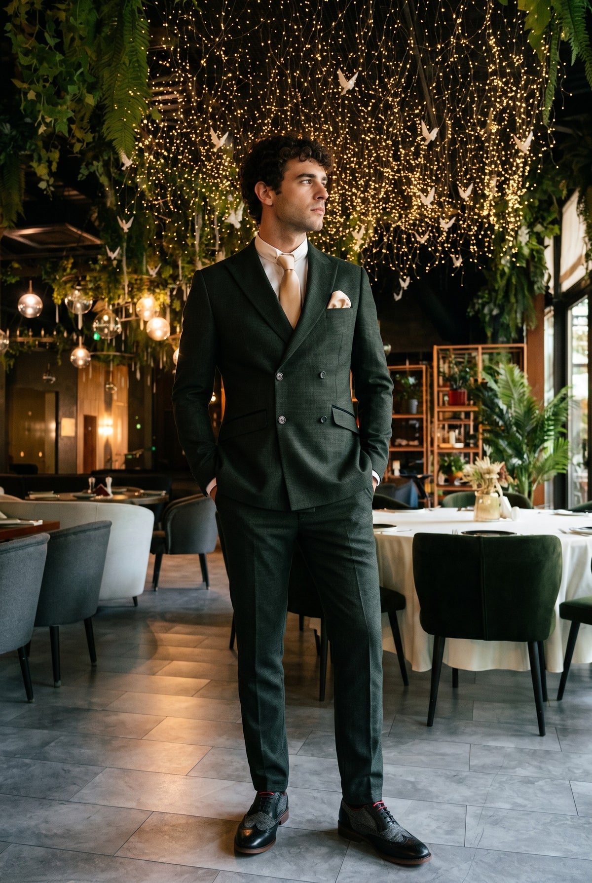 Look #784 styled with Caridi - Costume croisé deux pièces vert olive pour homme