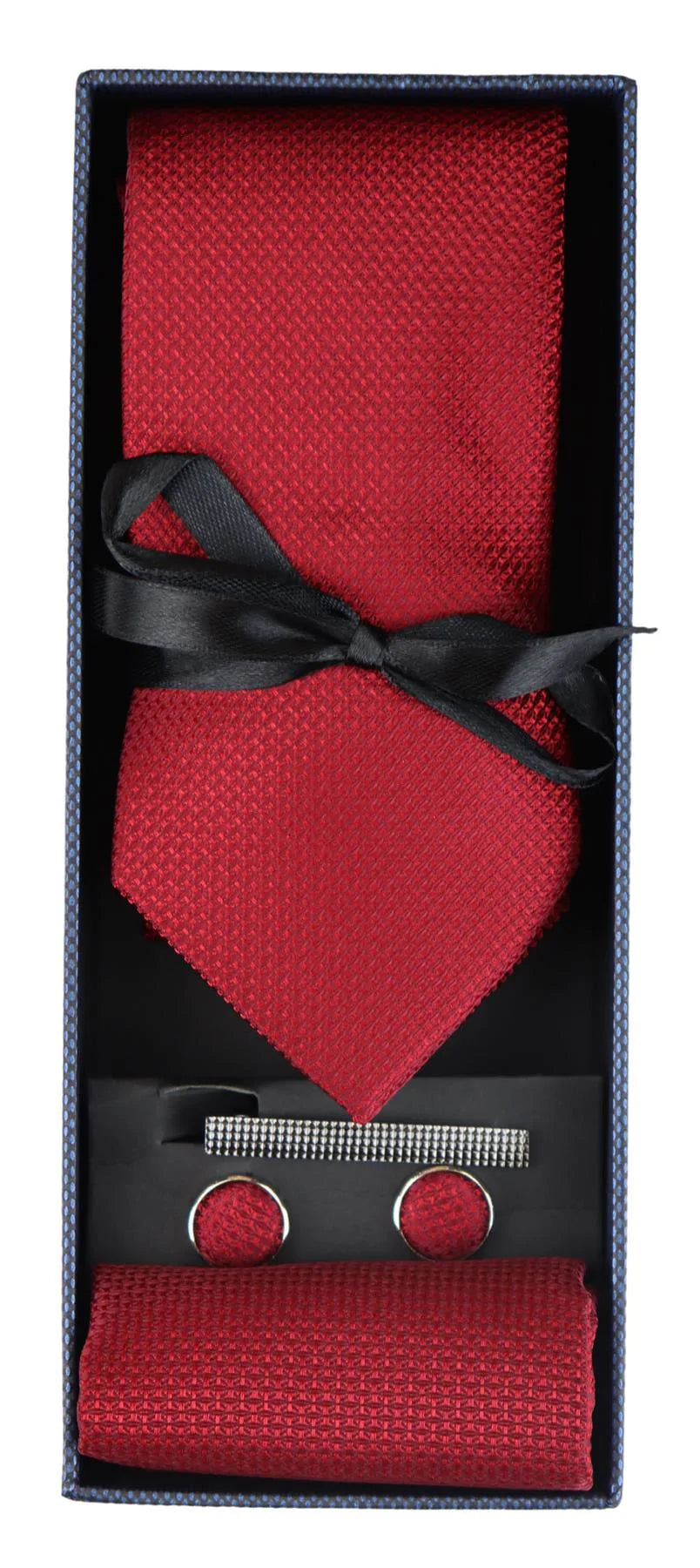 Satin Silk Textured Red Tie Gift Set Pocket Square Cuff Links Tie Matt Satin