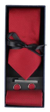Satin Silk Textured Red Tie Gift Set Pocket Square Cuff Links Tie Matt Satin