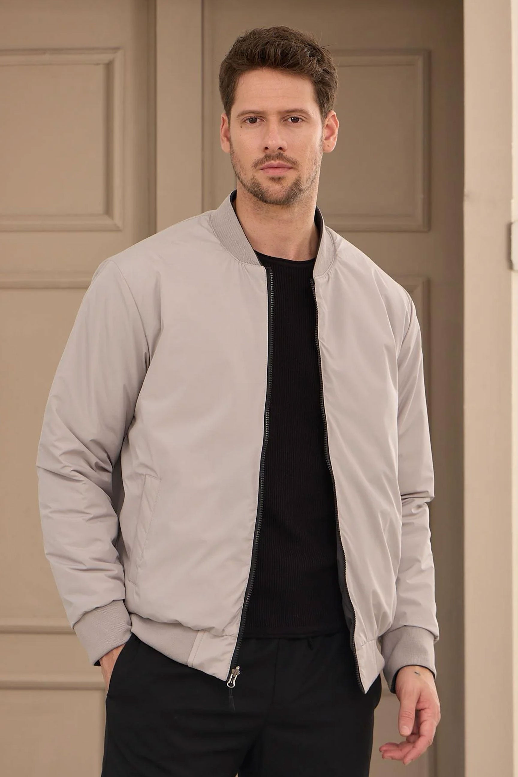Blouson aviateur réversible pour homme, noir et beige, léger et matelassé, 2 en 1