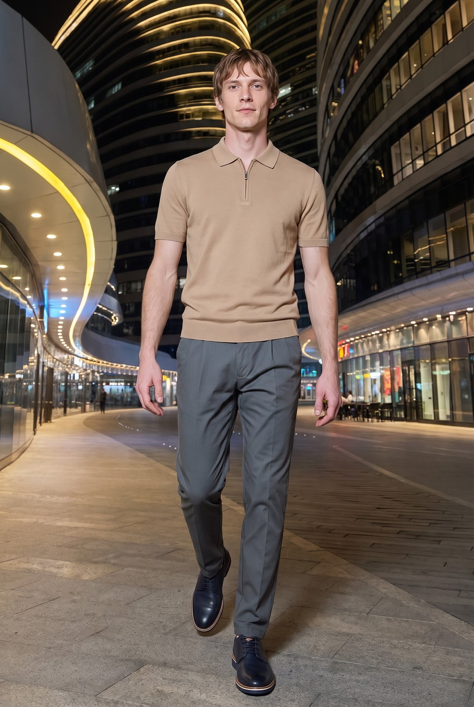 Look #977 styled with Polo beige à col zippé en maille pour homme