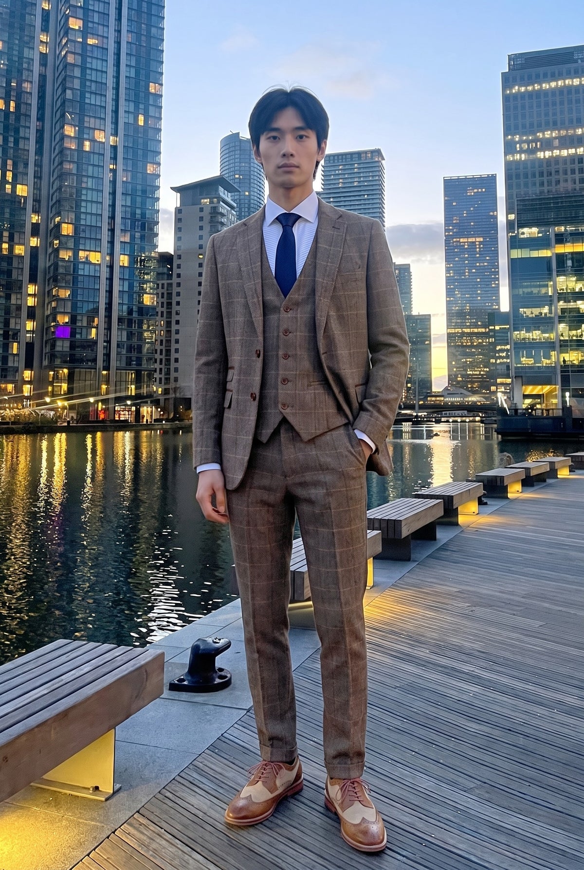 Look #536 styled with Harris - Costume trois pièces pour homme en tweed à chevrons marron