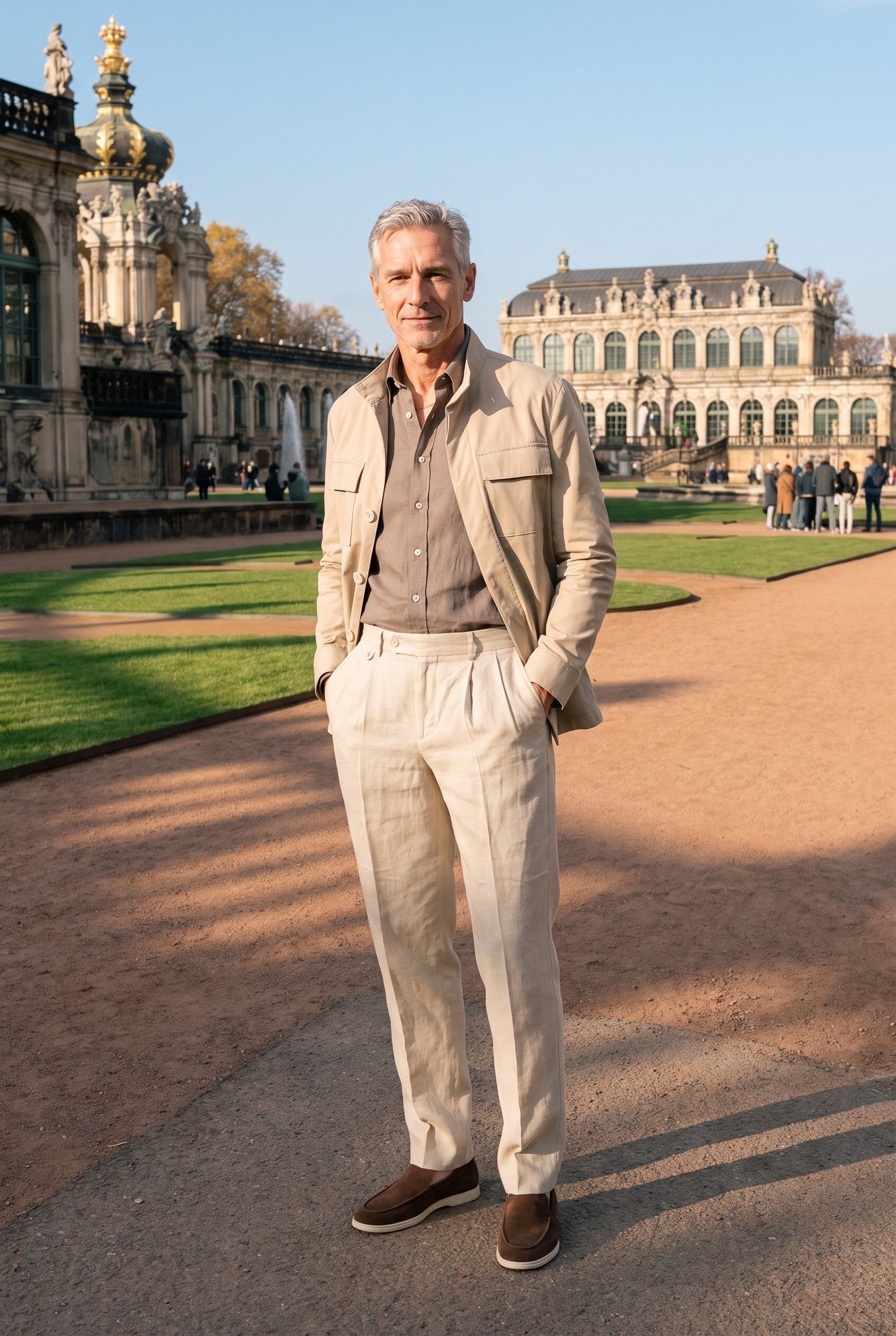 Look #871 styled with Chemise d'été à manches longues en pur lin marron clair pour homme