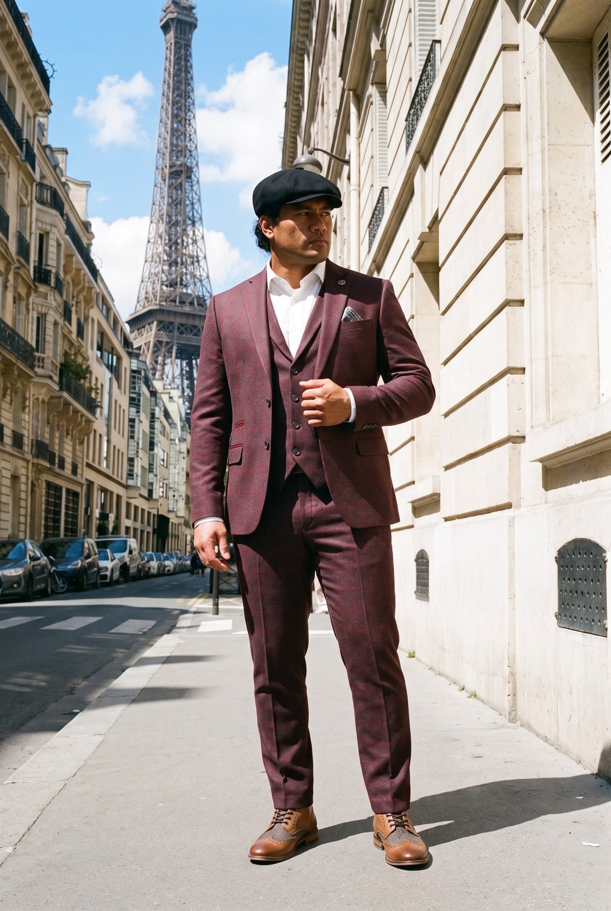 Look #990 styled with Costume trois pièces pour homme en tweed de laine à carreaux prune, style Gatsby des années 1920