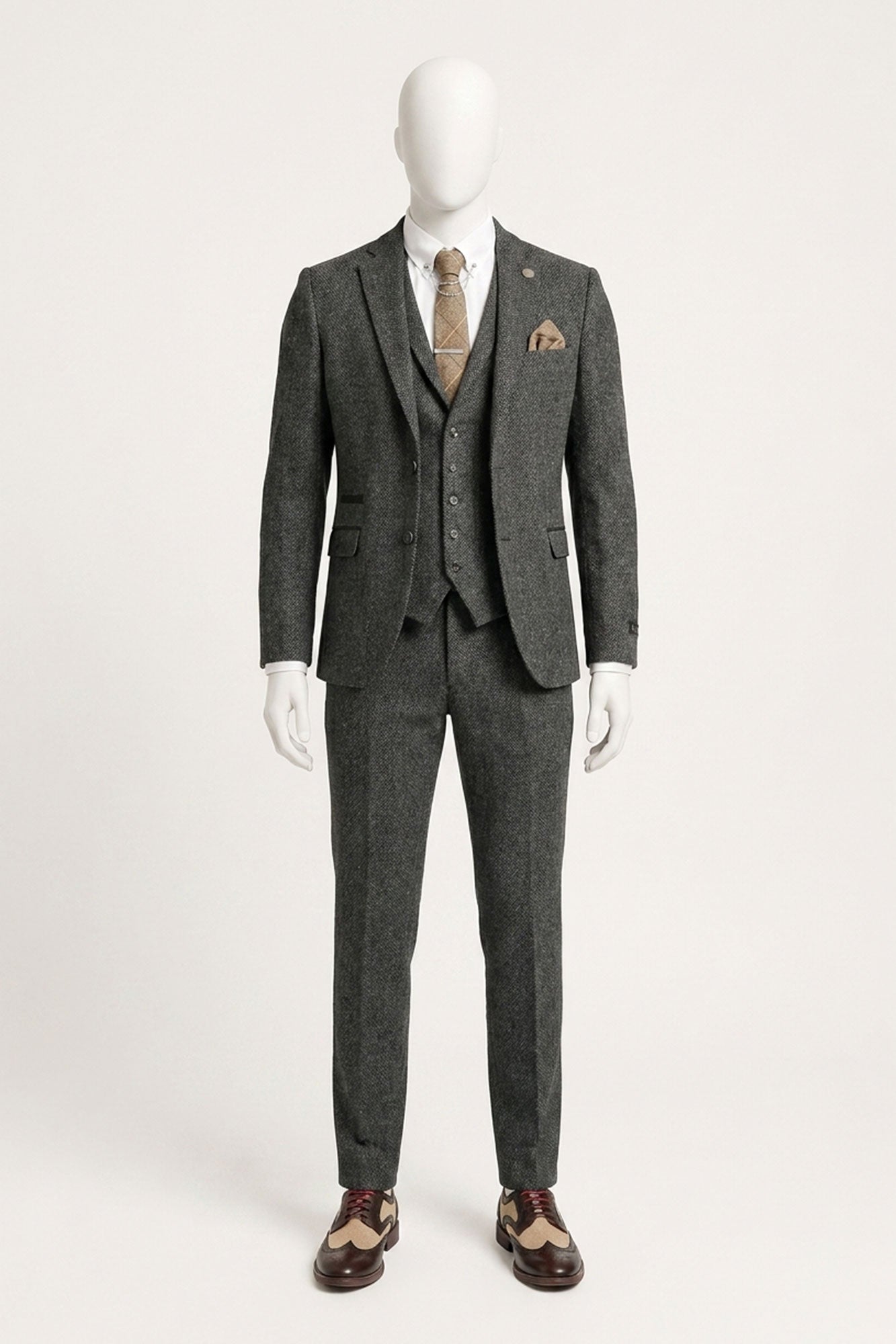 Costume trois pièces en tweed à chevrons gris anthracite pour homme - STZ11