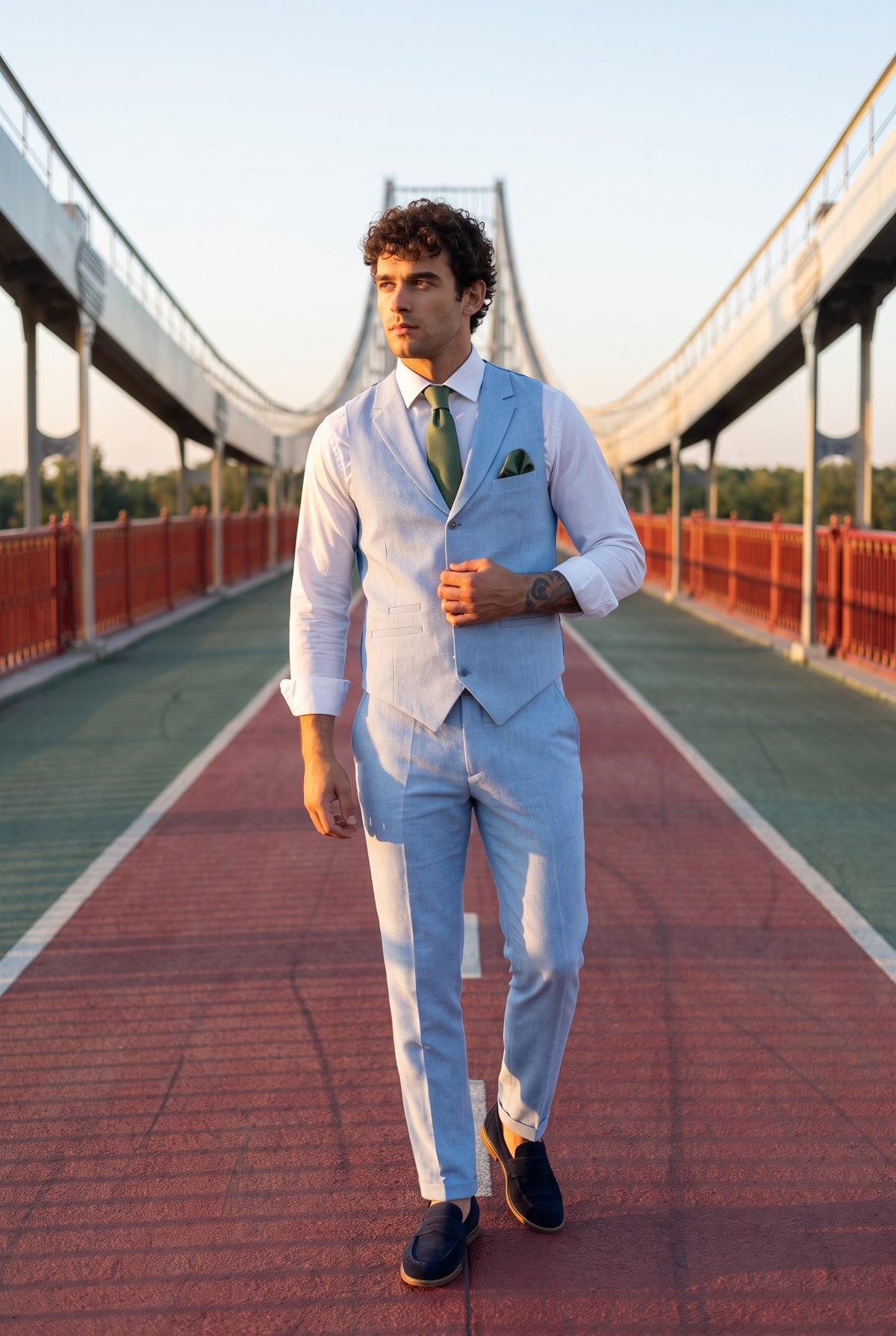 Look #886 styled with TP-13 - Costume d'été pour homme, gilet et pantalon en lin bleu ciel, idéal pour un mariage.