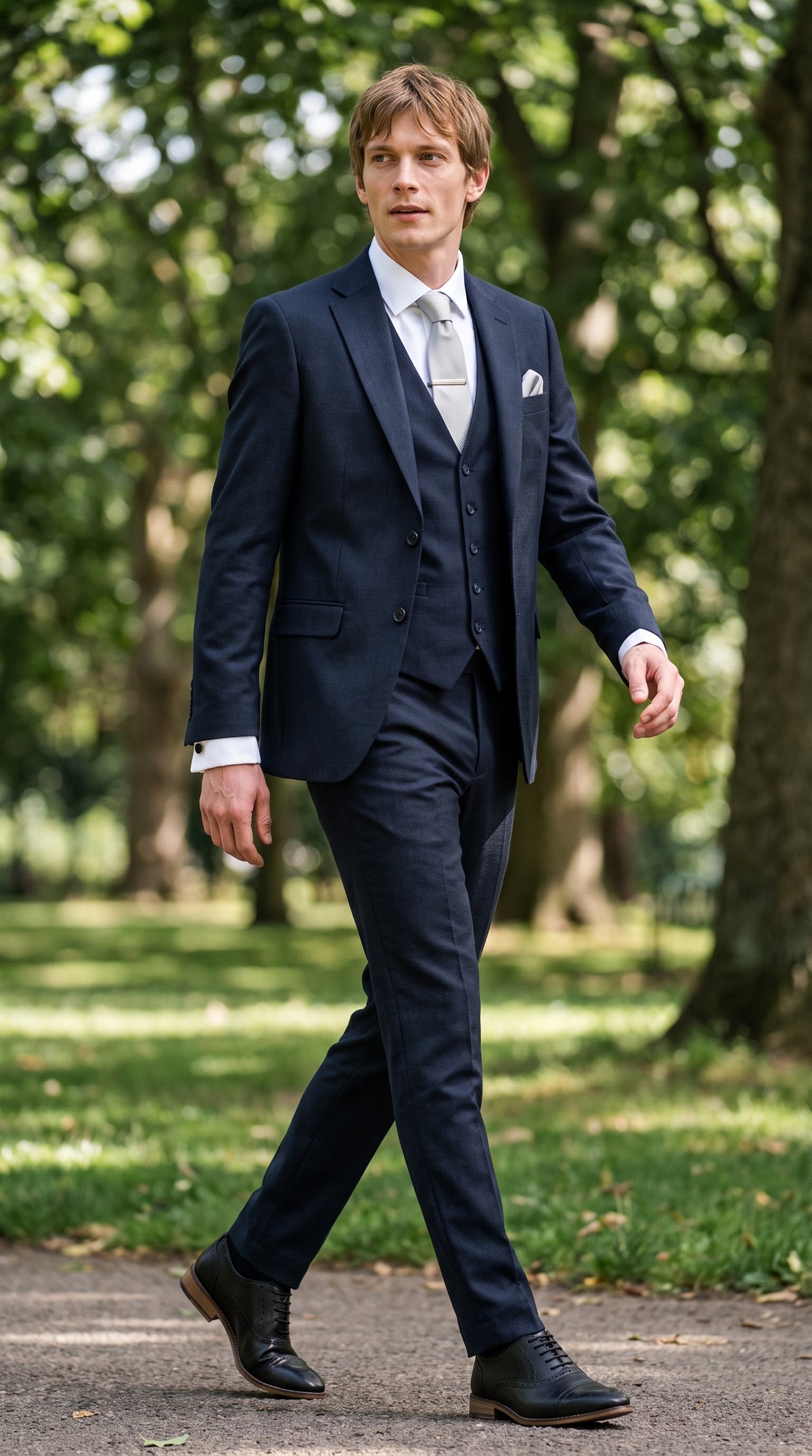 Look #823 styled with Costume trois pièces sur mesure Bond pour homme, bleu marine foncé